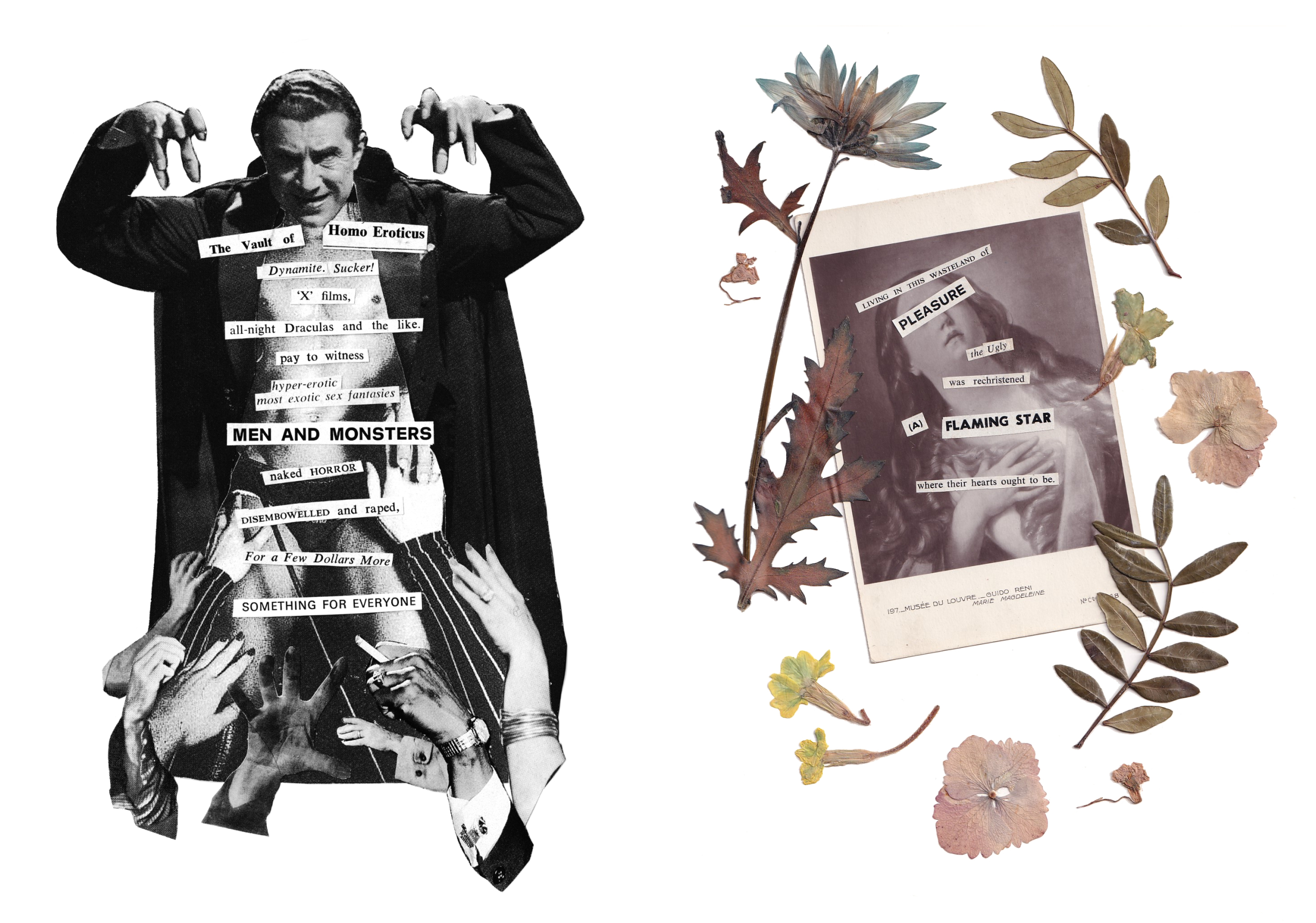 (Left) Bela Lugosi leers menacingly, cape open to reveal a chiselled torso being groped by disembodied hands. (Right) A faded postcard of Reni's Mary Magdalene surrounded by pressed flowers.