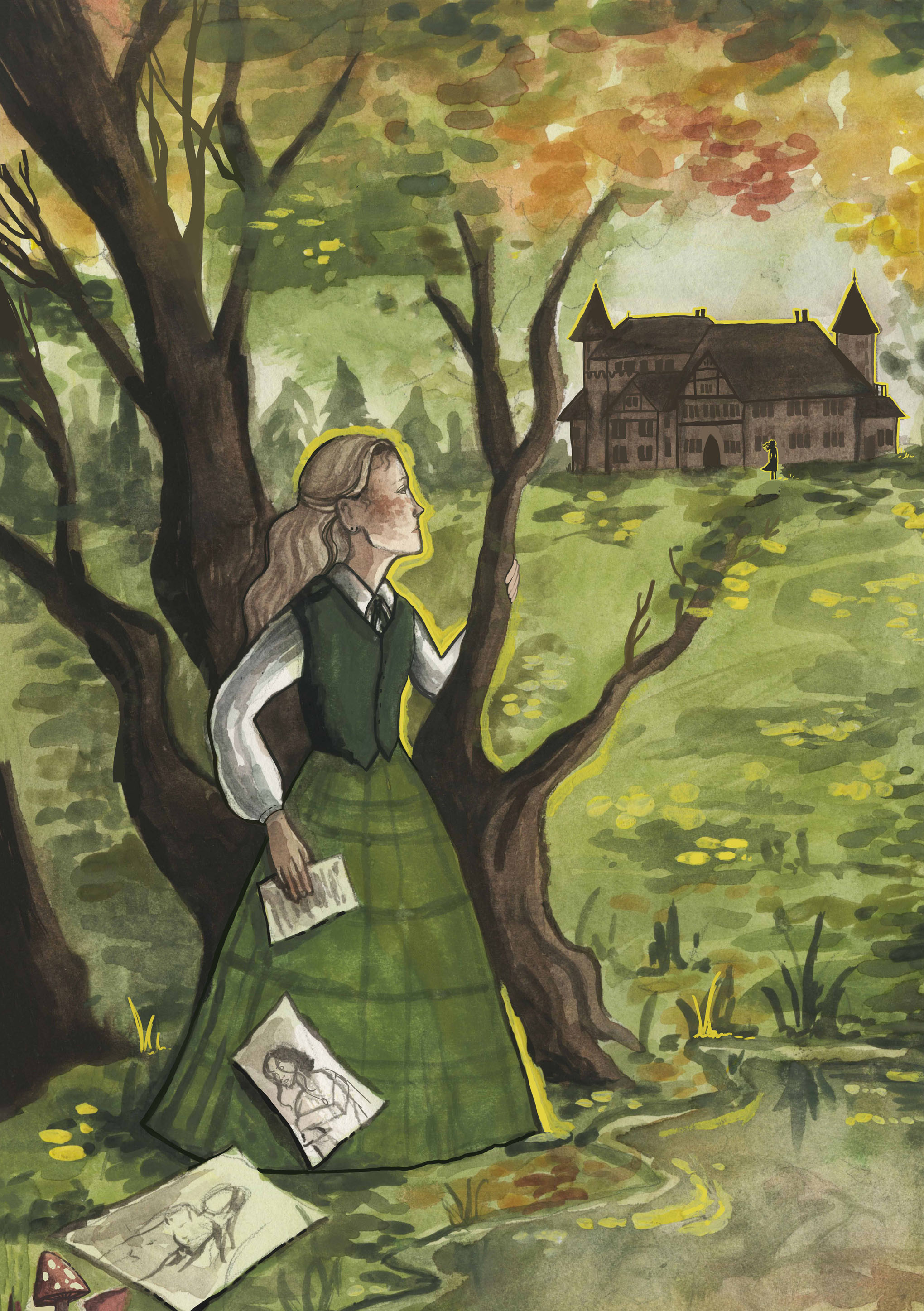 A watercolour painting of a woman, dressed in 19th century clothing, standing beside a lake looking over her shoulder at the gothic mansion behind her.