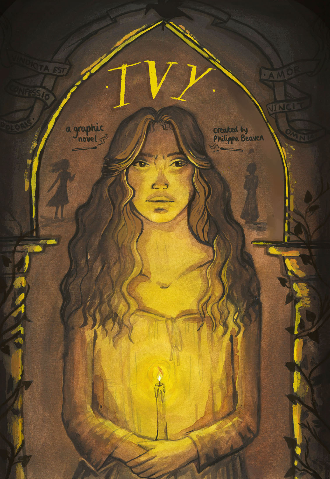 The front cover of Philippa Beaven's graphic novel, 'Ivy'. The main character stands in the centre, illuminated by yellow light emitted by a candle she is holding.