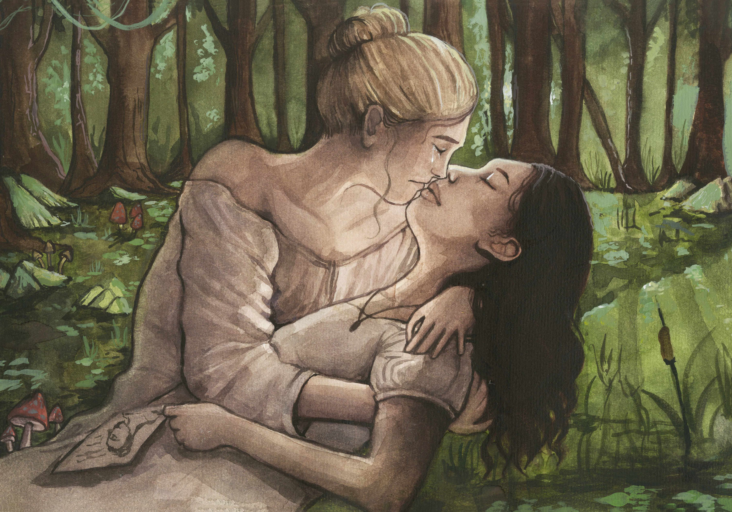 A watercolour painting of two women kissing. They are in the middle of a lush green wood, both wearing 19th century nightdresses.