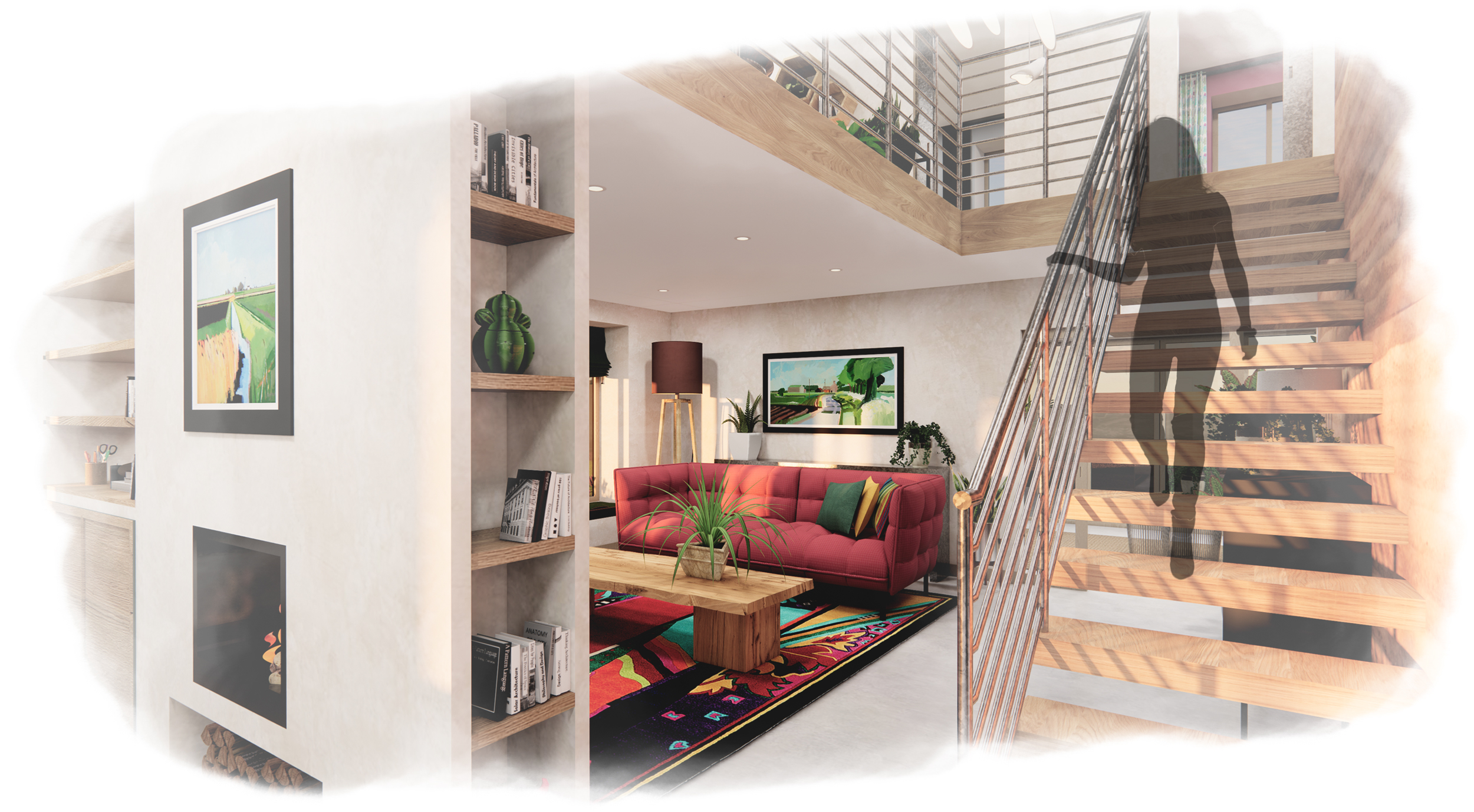 Open plan living with cantilevered stairs, polished concrete floors, wool area rug, breathable non-toxic clay plasters that include a rammed earth effect feature wall, and air purifying plants.