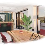 Rendered image featuring the kitchen and dining areas with slide and fold doors that open fully to create a seamless transition from house to garden.