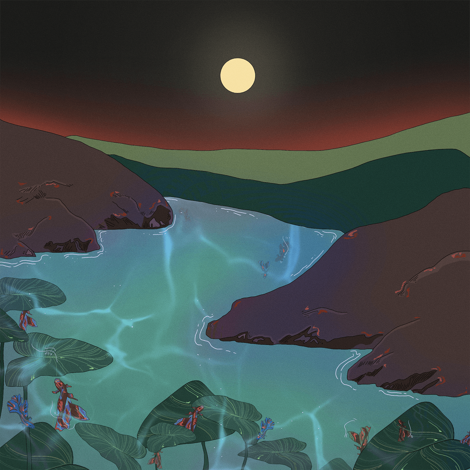 BA illustration work by Poppy Lam showing a mystical lake under moonlight with vibrant colours.