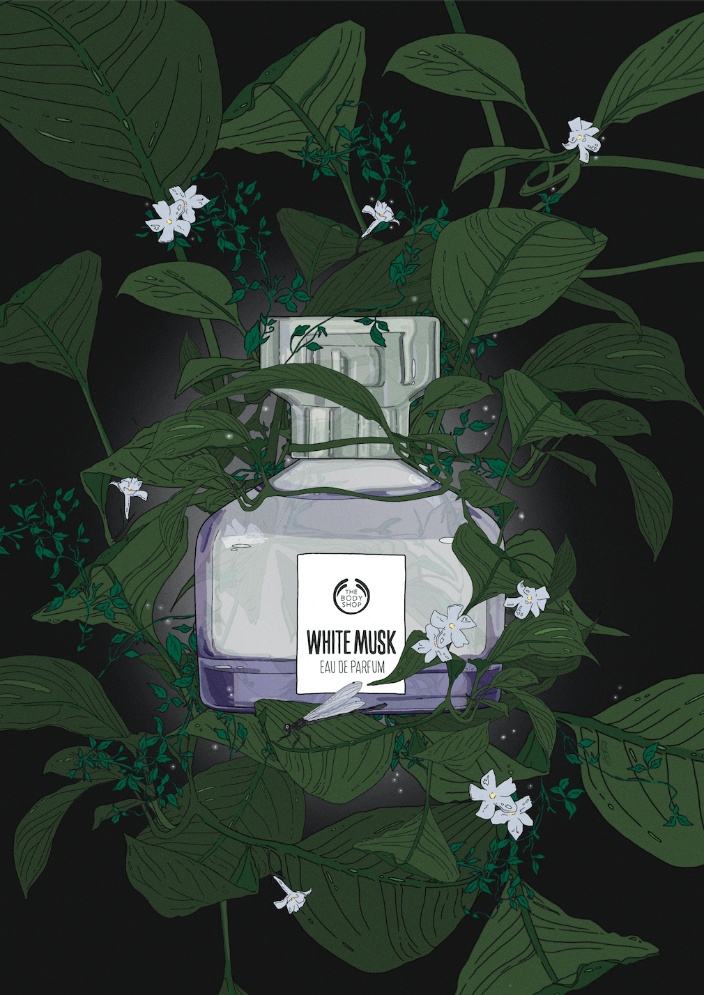 BA illustration work by Poppy Lam showing a perfume bottle wrapped with botanical elements on a black background