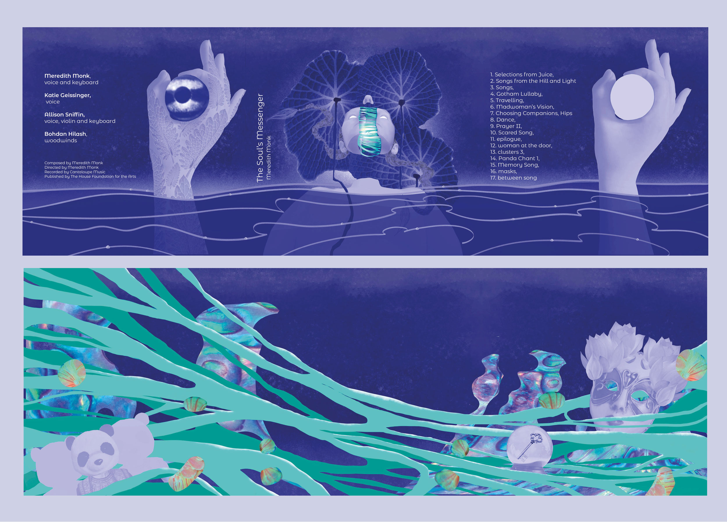 2 digital Illustrations by BA Illustration graduate Rebekah Zacharova. The first piece showing the human and the soul as they exist within their environment (macrocosm) and the second piece showing its reflection in the inner experience of a person (microcosm), coloured in blue and purple tones.