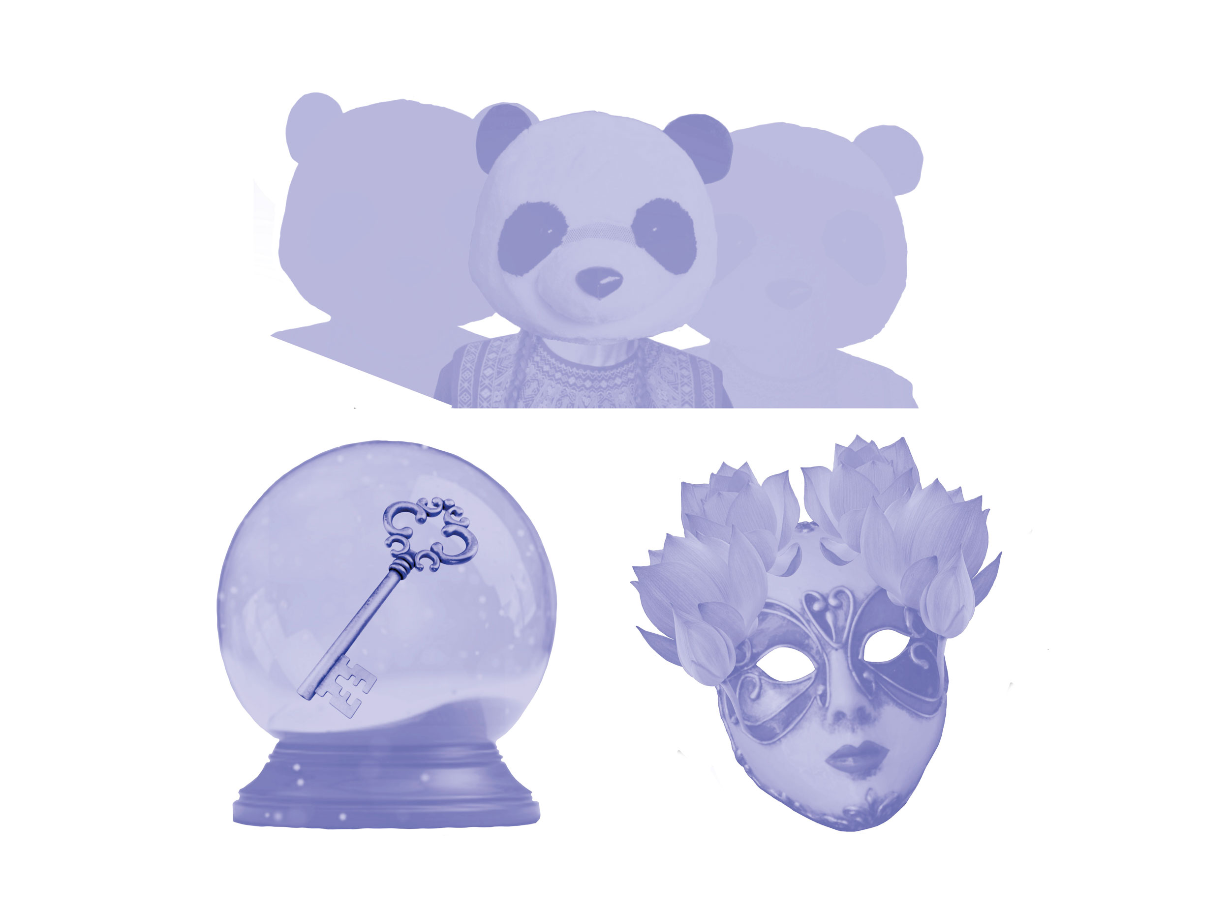 BA Digital Illustrations by Rebekah Zacharova for the songs Panda Chant 1, Memory Song, and masks. Shows a choir of pandas, a key in a memory globe and a decorative mask in lilac colour.