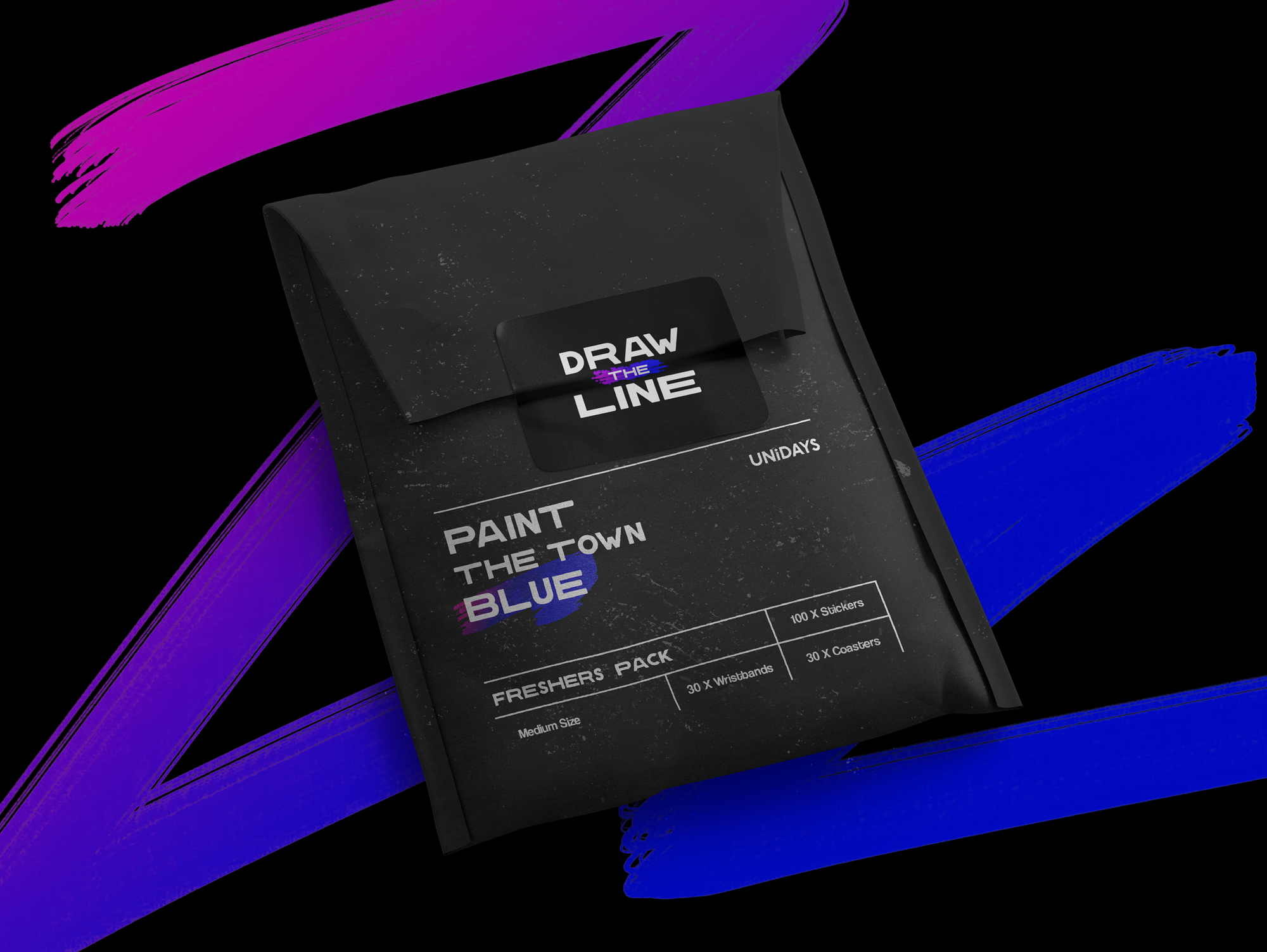 Packaging design by Reiss Tozer, containing UniDays anti spiking drinks coasters and wristbands. A black sealed envelope with 'Draw the Line' campaign branding and the UniDays logo, on a black background with a pink to blue gradient brush stroke.