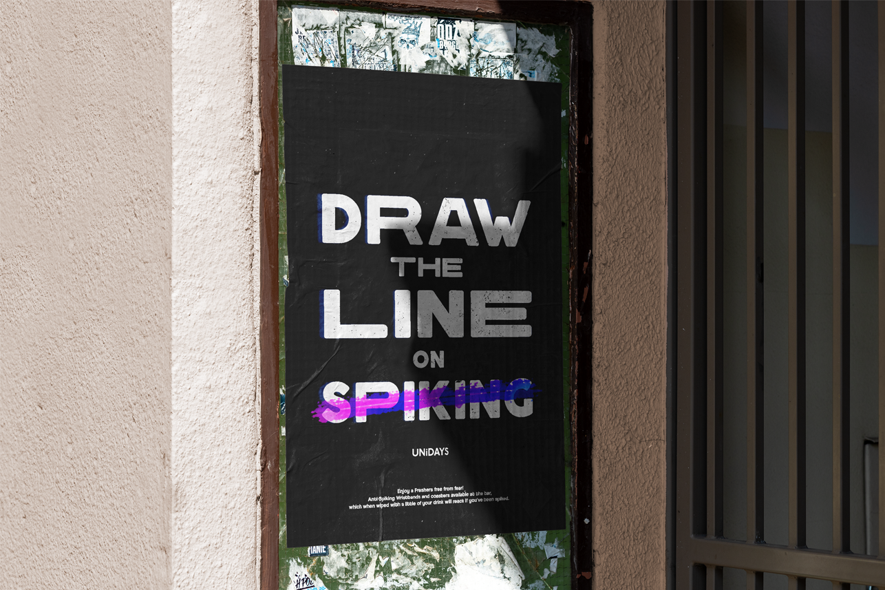 Draw the line - Campaign video. Mockup of a poster design saying 'Draw the line on spiking' with a purple to blue gradient line through 'spiking'.