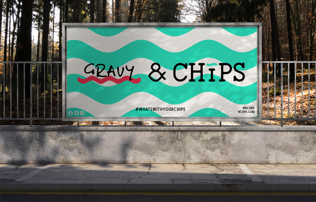 A campaign explainer video by Reiss Tozer, explaining in full the issue this campaign aims to solve, and how. Image shows a billboard mockup of wavy aqua and grey lines, with 'Gravy & Chips' text