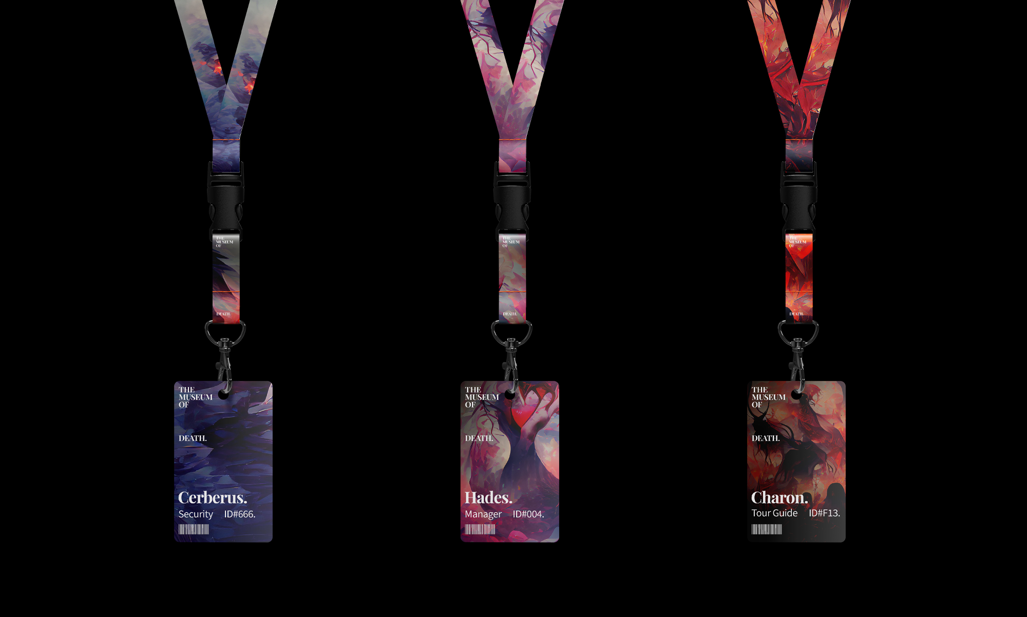 AI generated artwork adapted into lanyards for the museum of death, in blue, pink and red.