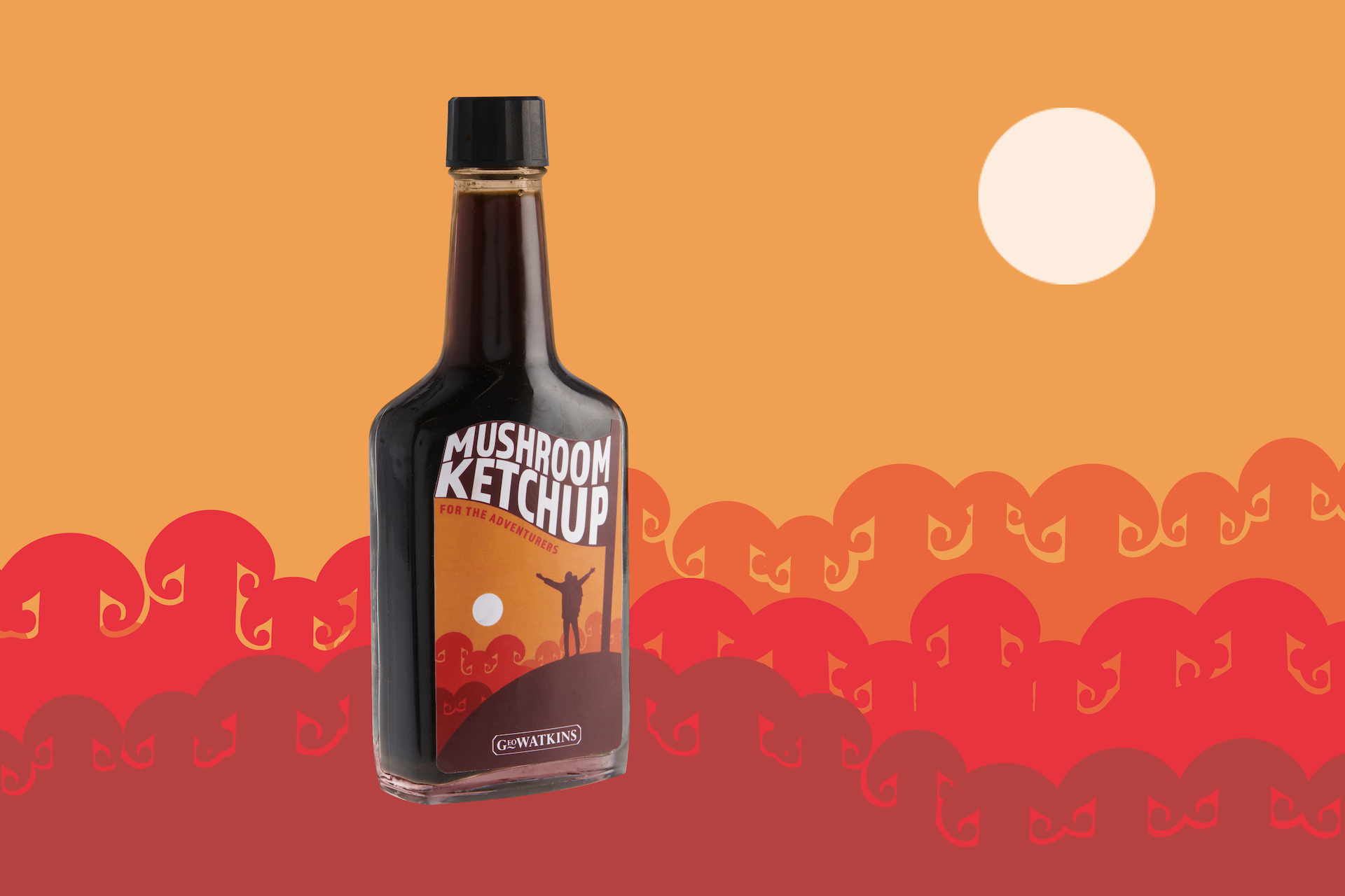 BA Graphic Design work by Rose Taylor-Townshend showcasing a rebrand for Mushroom Ketchup. It has a human silhouette on a giant mushroom with a flag and several mushrooms in the background.