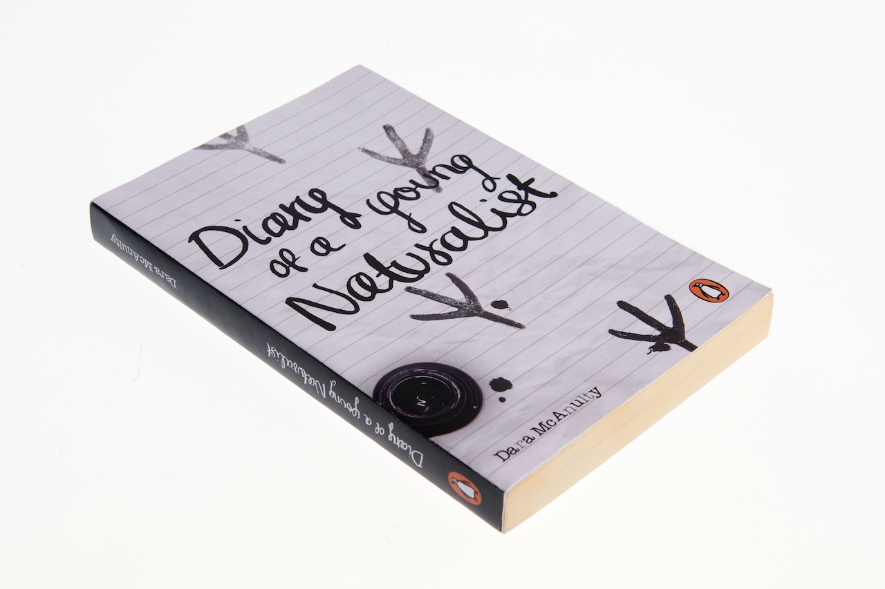 BA Graphic Design work by Rose Taylor-Townshend showcasing a redesign for Penguin books ‚Diary of a Young Naturalist‚ by Dara McAnulty. It depicts a handwritten type and ink-splattered bird feet.