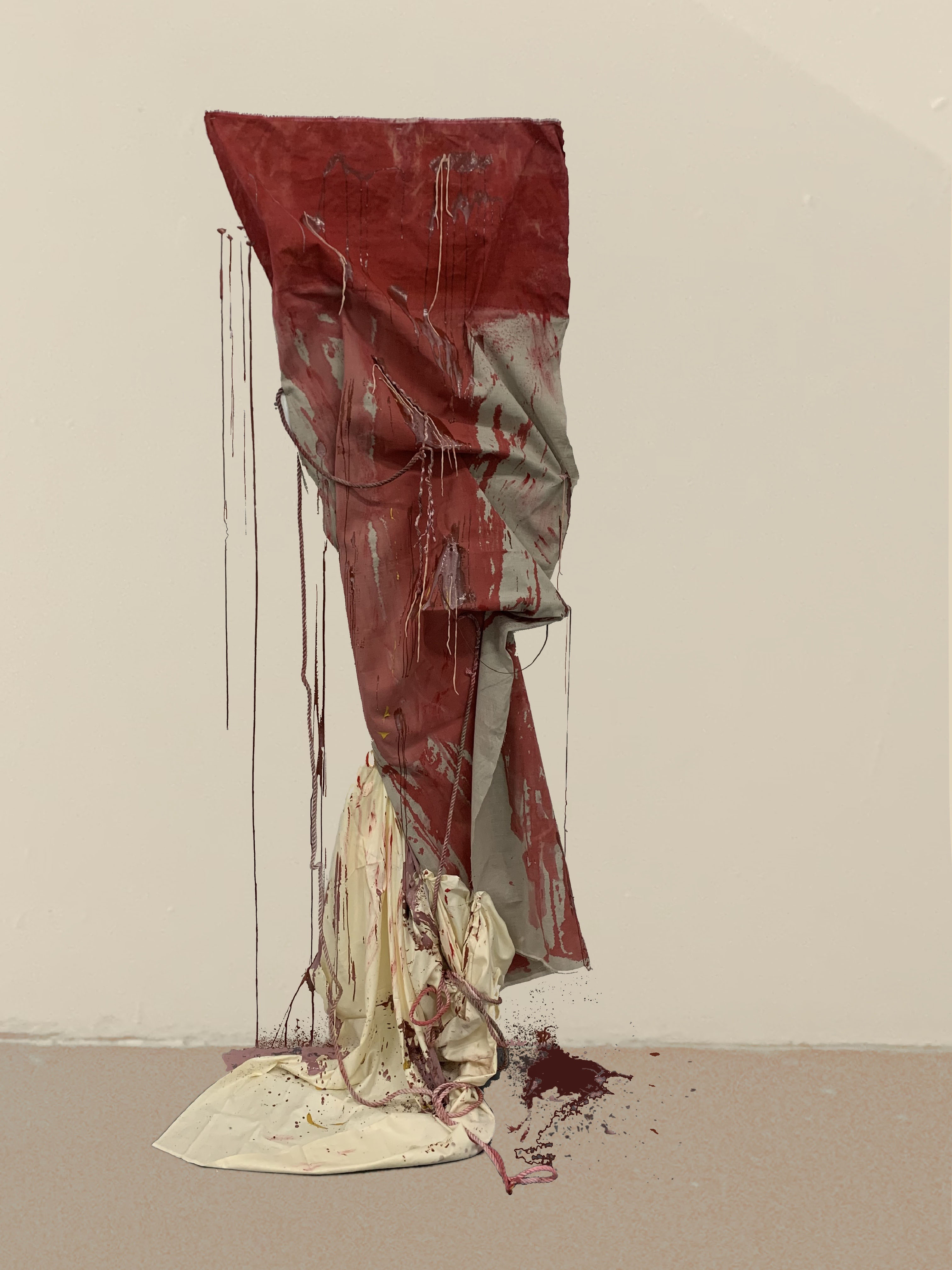 Image of collaborative abstract painting folded and dripped with red paint. With hanging bits of rope, latex and clay.