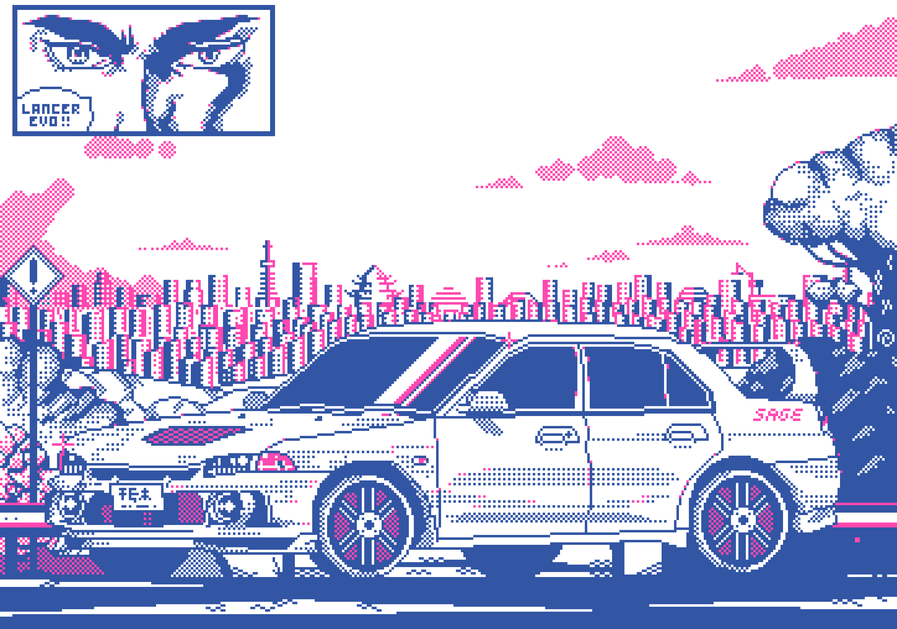 BA Illustration by Sam Dawson, showing a retro car using an old digital style of working, in a pink, white and blue colour pallete.