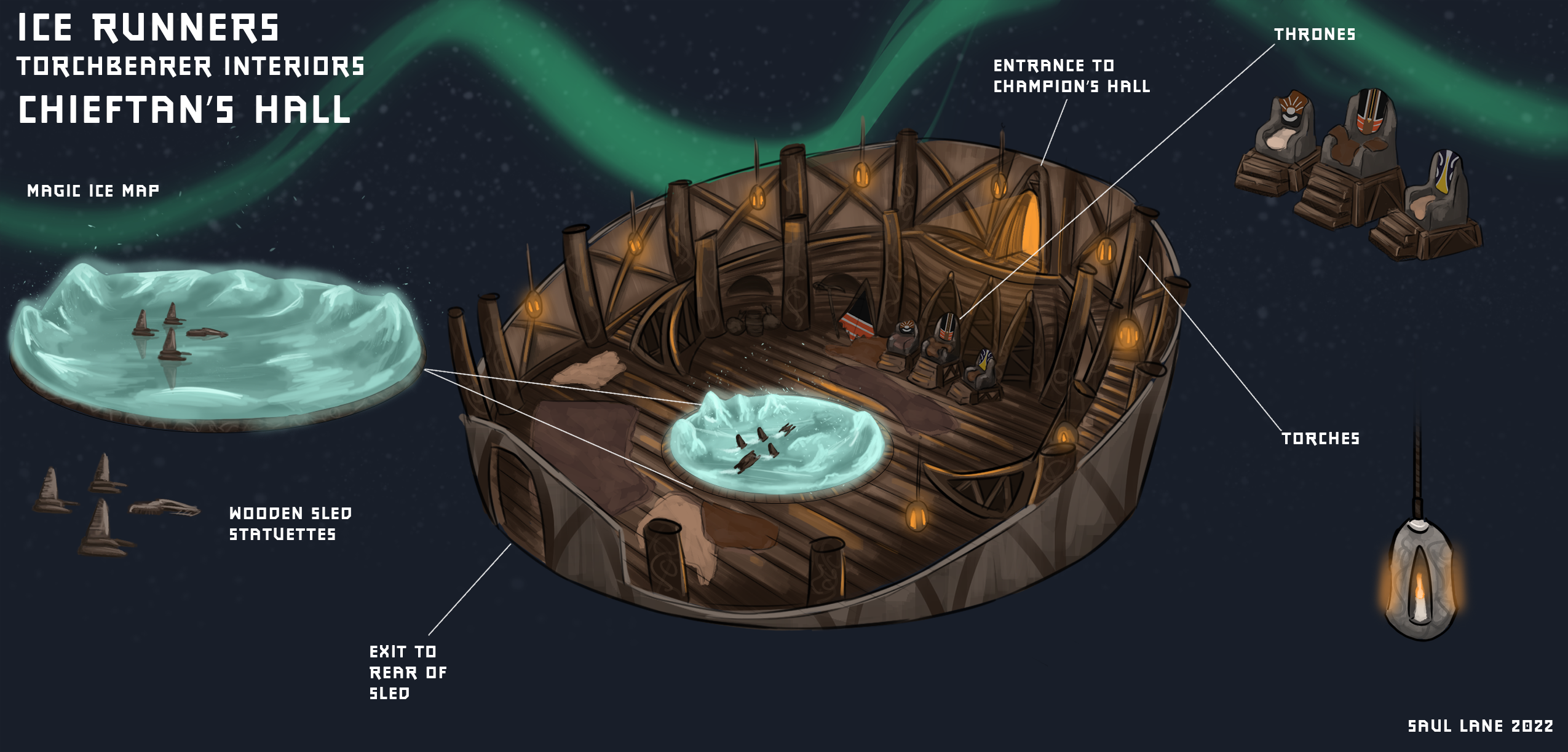 An isometric cut-away view of a tall, large, dimly-lit tent. A blue magical ice map glows in the center of the tent, with a set of three thrones sitting in front of it.