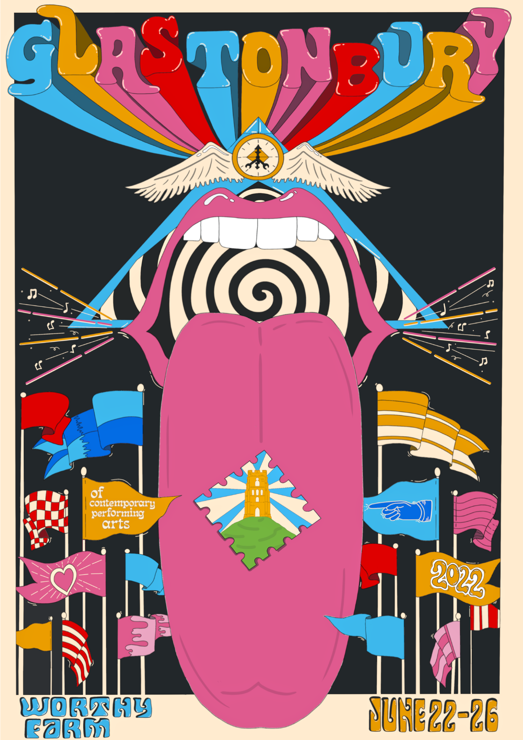 BA Illustration work by Shannon Stewart showing a colourful animated poster of a mouth with tongue falling out, flags and colourful typography, promoting Glastonbury 2022.