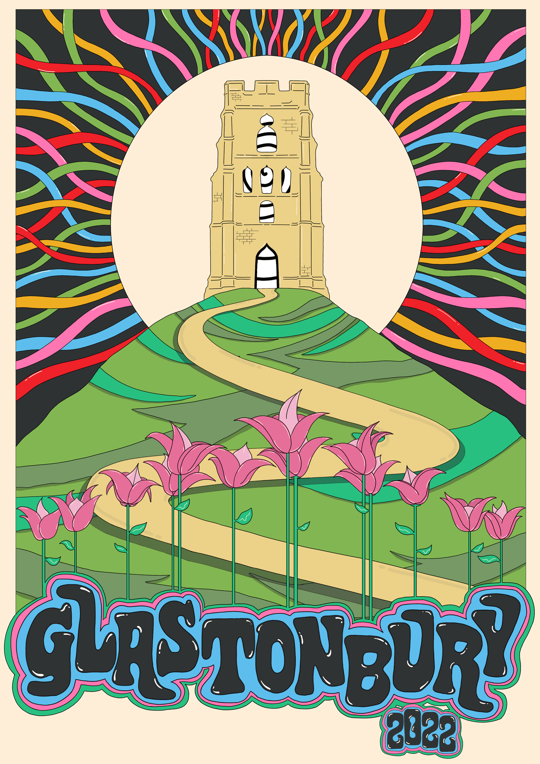 BA Illustration work by Shannon Stewart showing a A2 poster inspired by the spiritual aspects of Glastonbury including the Tor