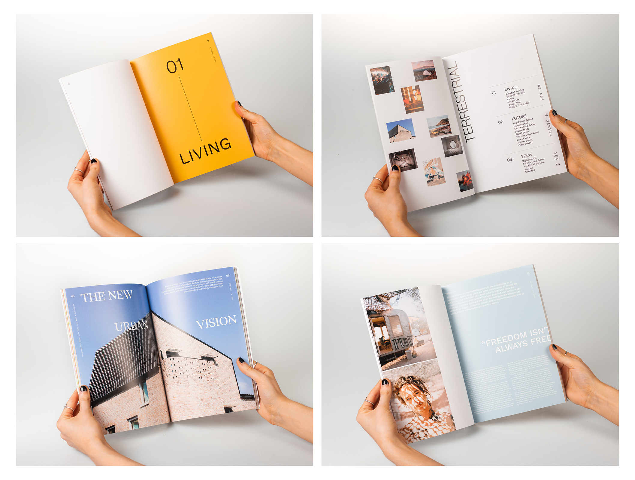 BA Design for Publishing work by Skye Williams showing 4 magazine spreads that show simplistic and modern design.