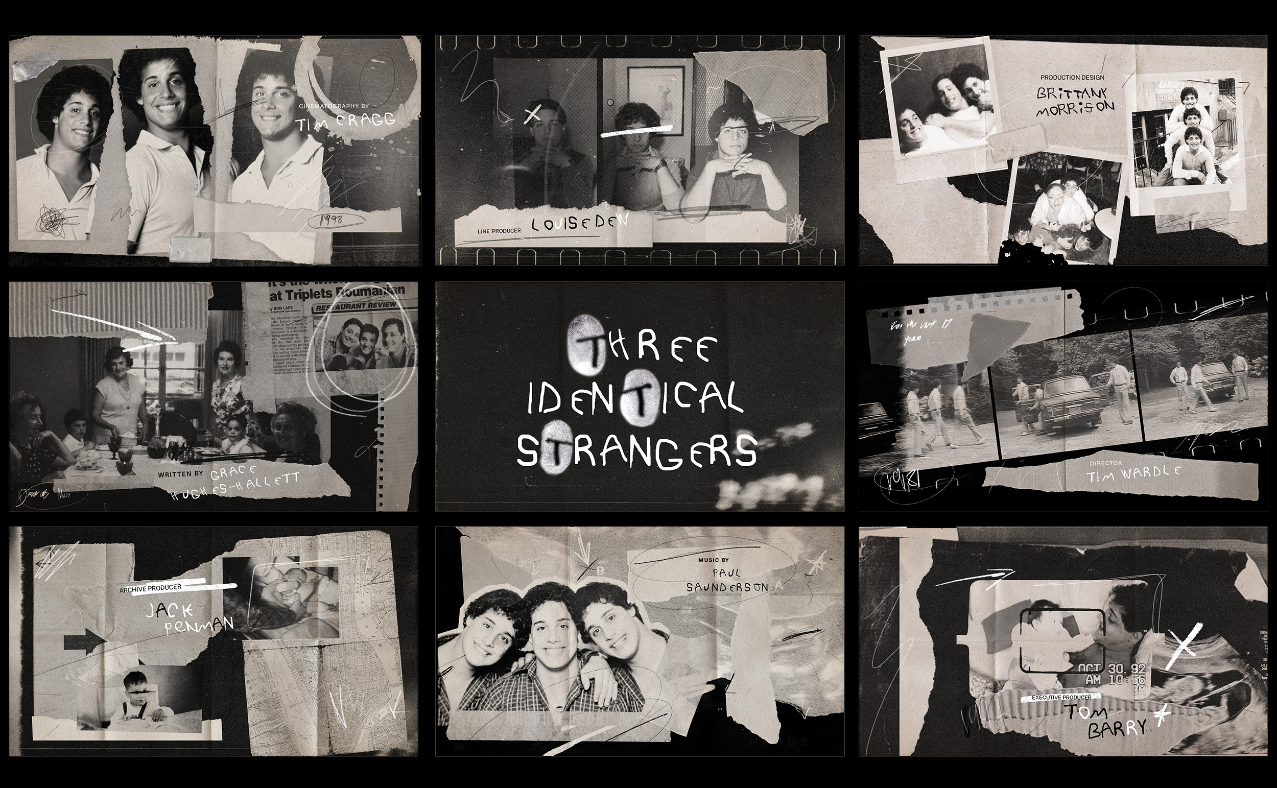 BA Design for Publishing work by Skye Williams showing 9 black and white stills designed for a title sequence of a film, in a scrapbook style.