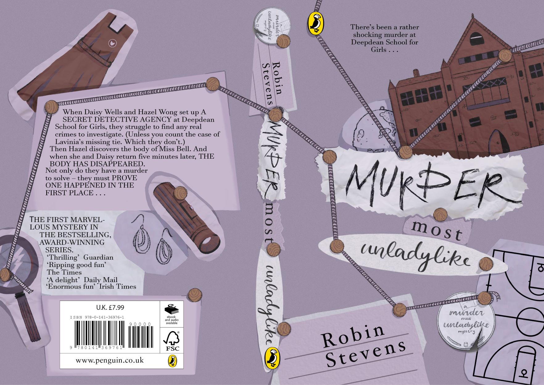 BA Illustration work by Sofia Ali showing a children's book cover in the form of an investigation board with a majority purple colour scheme, for the novel Murder Most Unladylike.