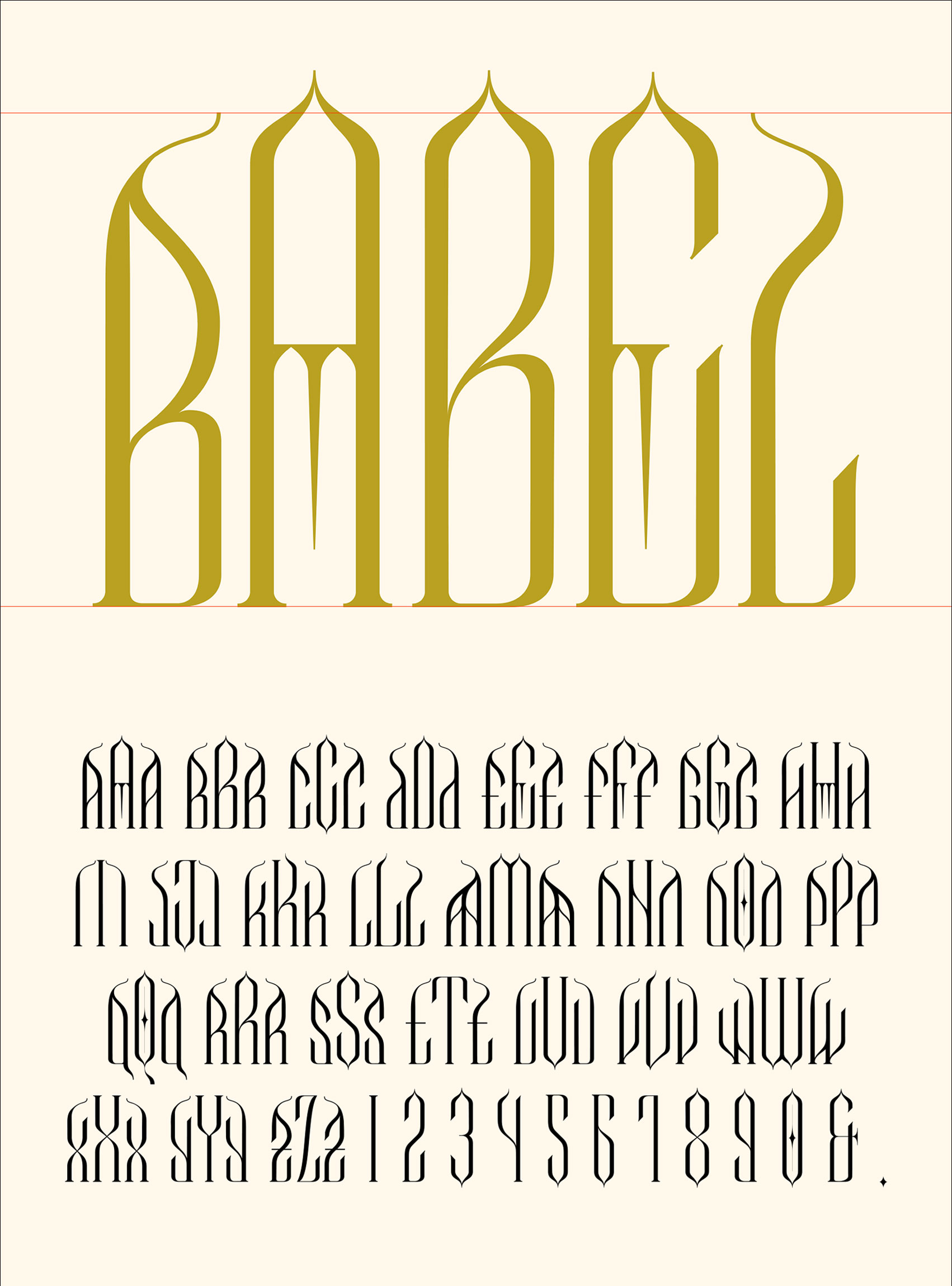 Typeface in a gothic style with long letters inspired by German cathedral architecture.