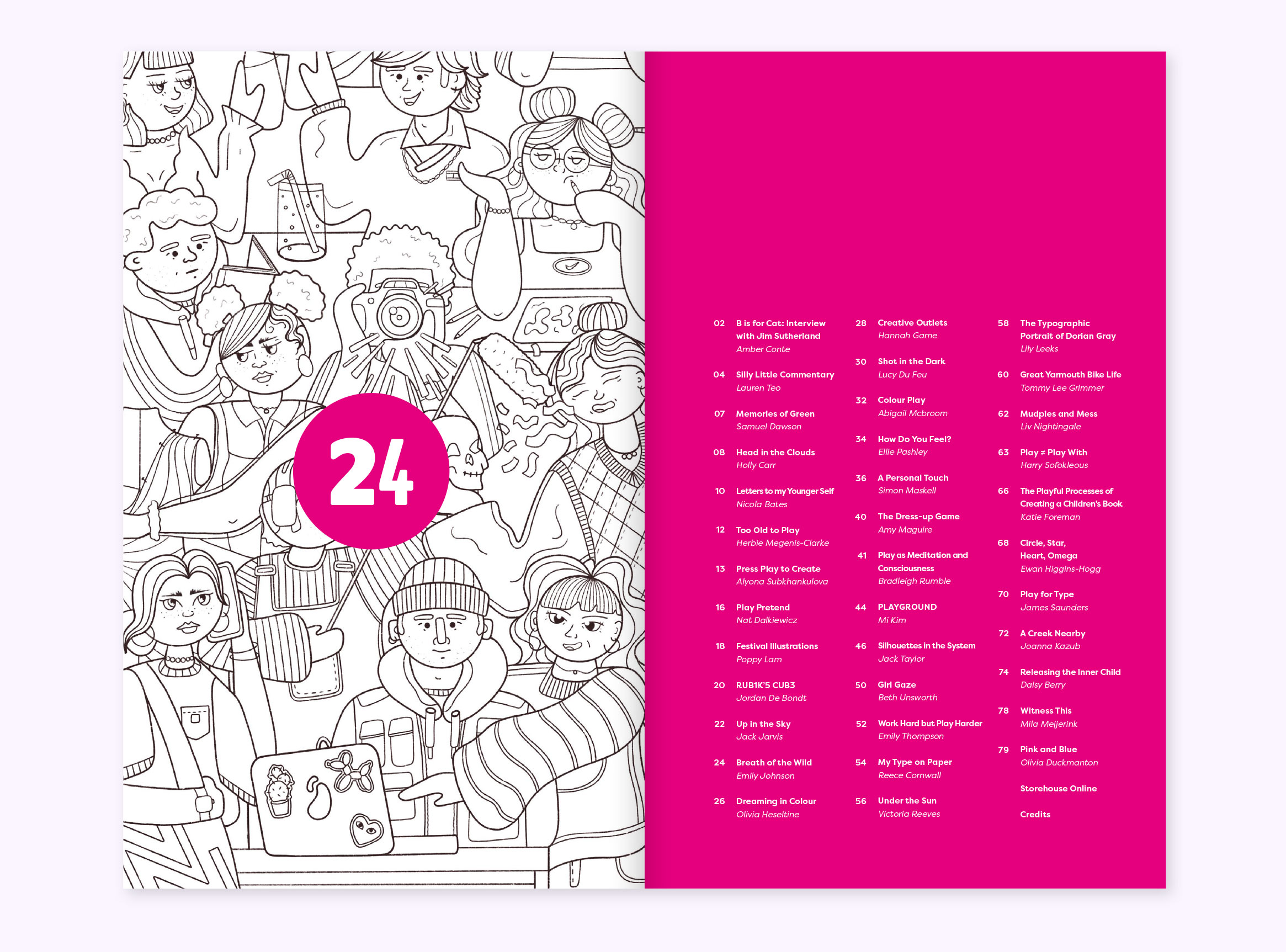 Contents page design featuring black and white illustration and vibrant pink page that lists contents.