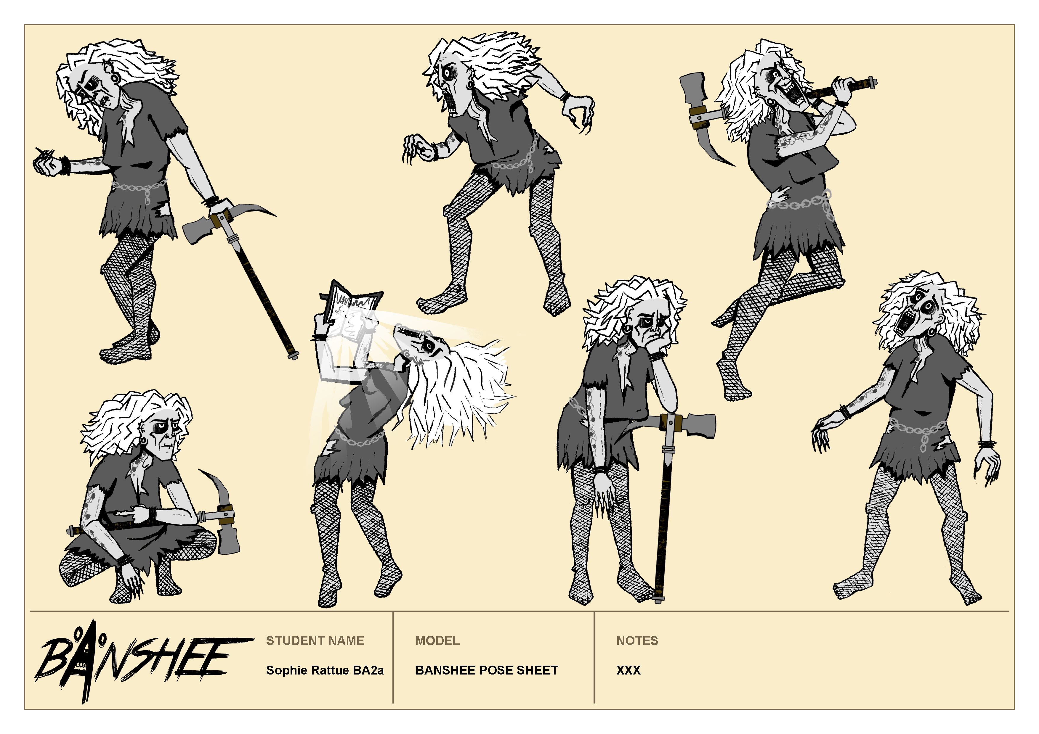 A series of poses depicting an older woman character with a large hammer, messy hair, fishnets, tattoos, and claw-like hands.