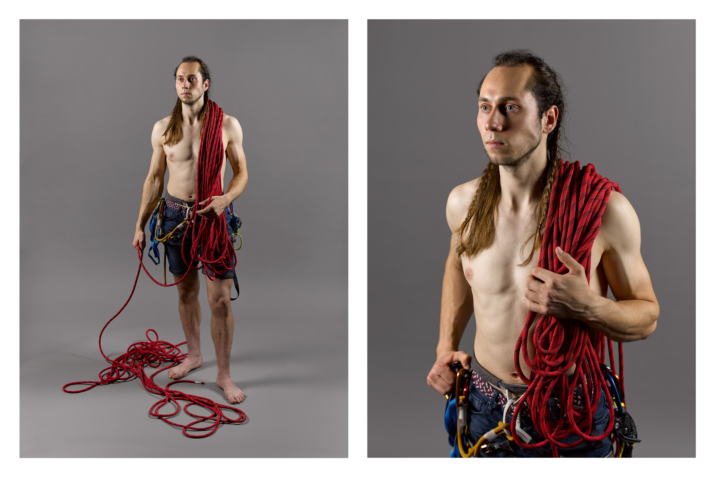BA Photography work by Tadas Kirtiklis showing a two studio portrait images of a rock-climber with ropes and harnesses