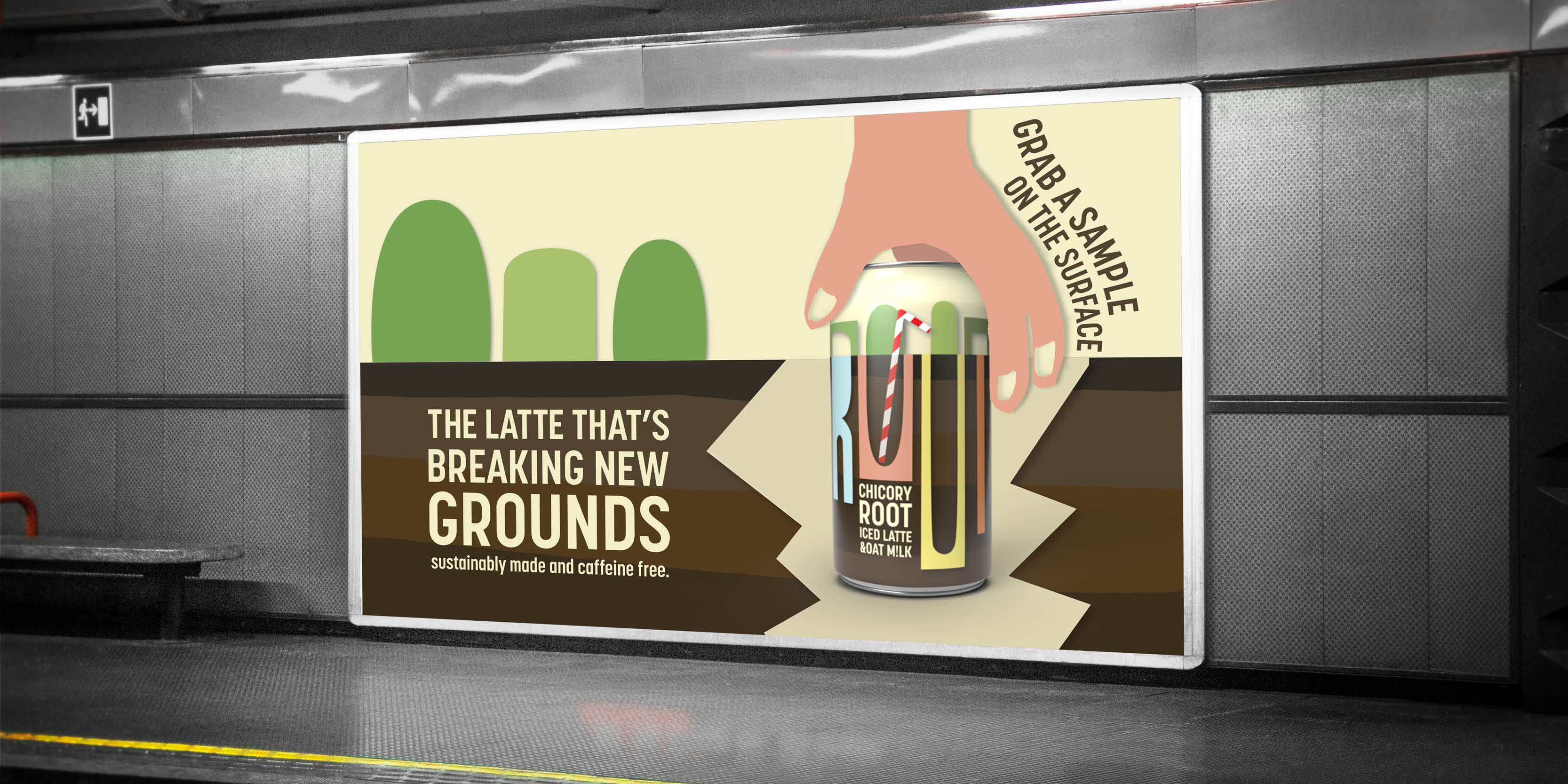 BA Graphic Design work by Tiarnie Stammers showing packaging and poster design for a Chicory Root coffee brand. The image shows a can with the slogan 'The coffee that's breaking new grounds.'