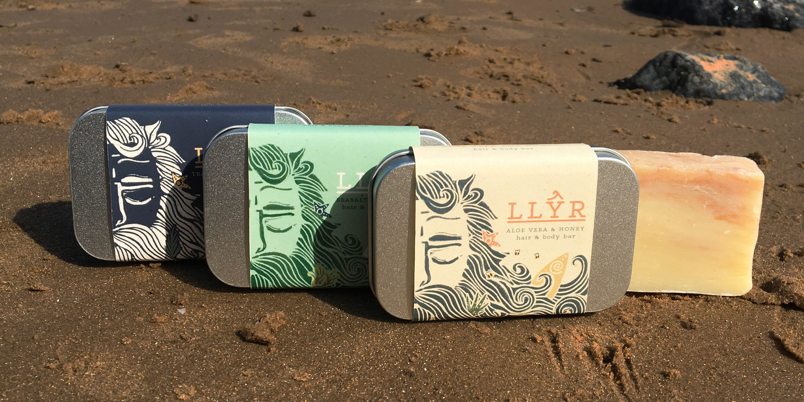 BA Graphic Design work by Tiarnie Stammers showing packaging for a soap brand called LlYR. The image shows an illustrated god figure on 3 different versions of soap.