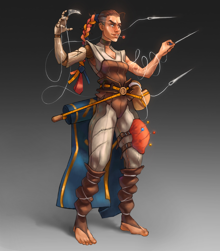 An illustration of a character that uses her magic through needles and cloth.