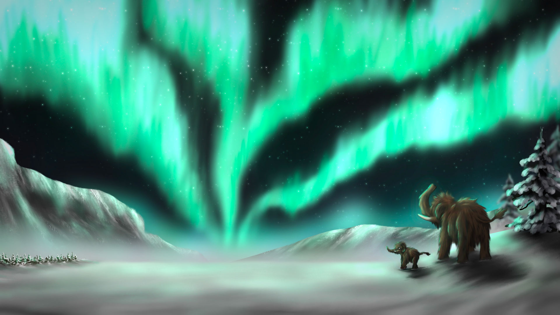 BA Animation scene by Will Lawrence showing Mammoths gazing up at the Northern Lights.