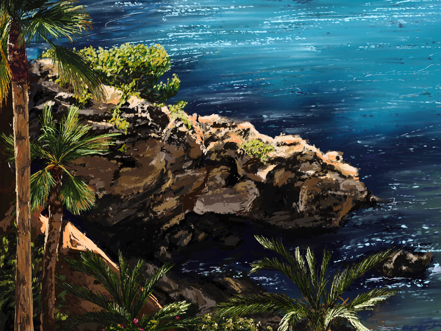 A digital environmental study of palm trees, rocks, and the blue waters of the coast of Moraira in Spain.