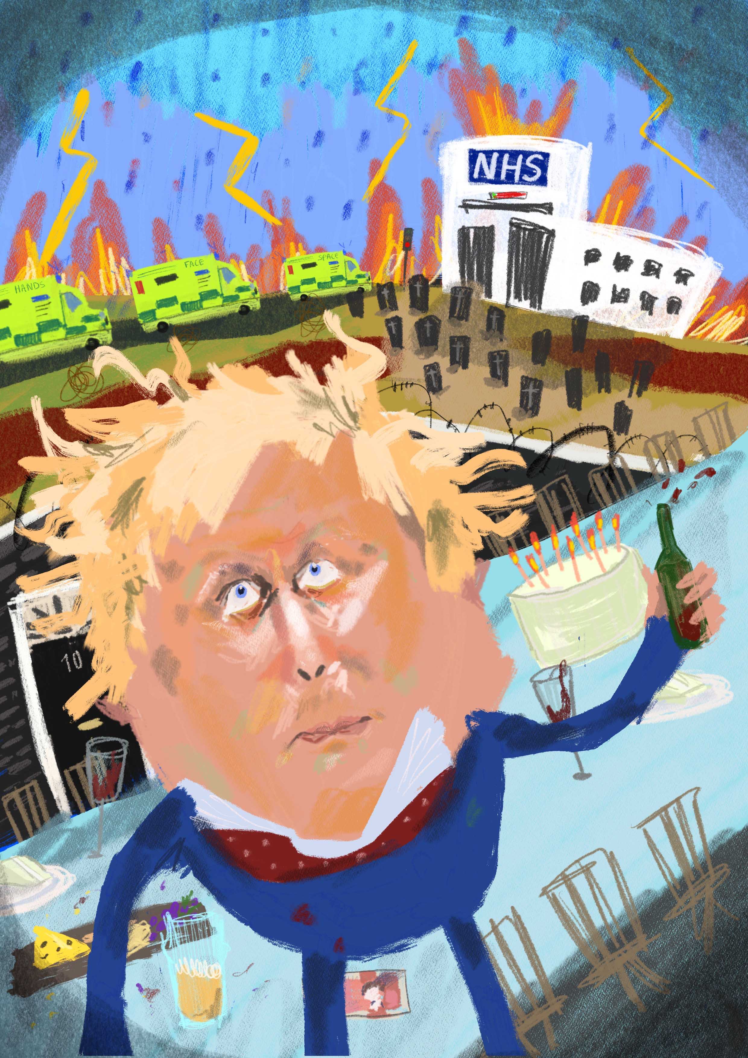 A caricatural digital illustration of Boris Johnson enjoying Downing Street parties whilst the rest of the U.K. struggles in the pandemic.