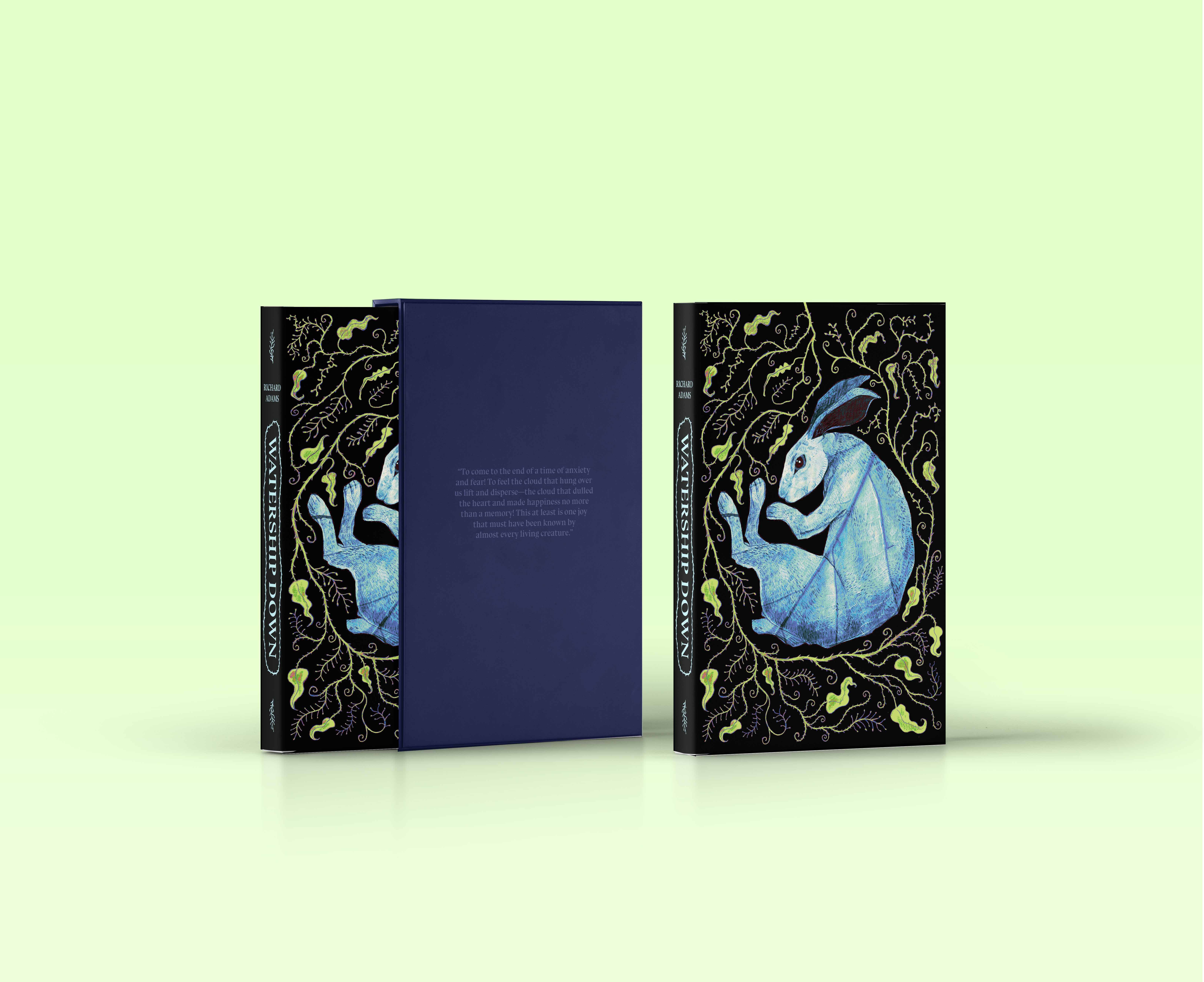 A digital mockup of an illustrated hardback book cover and slip case design for the novel Watership Down, with an illustration of a rabbit on the front.