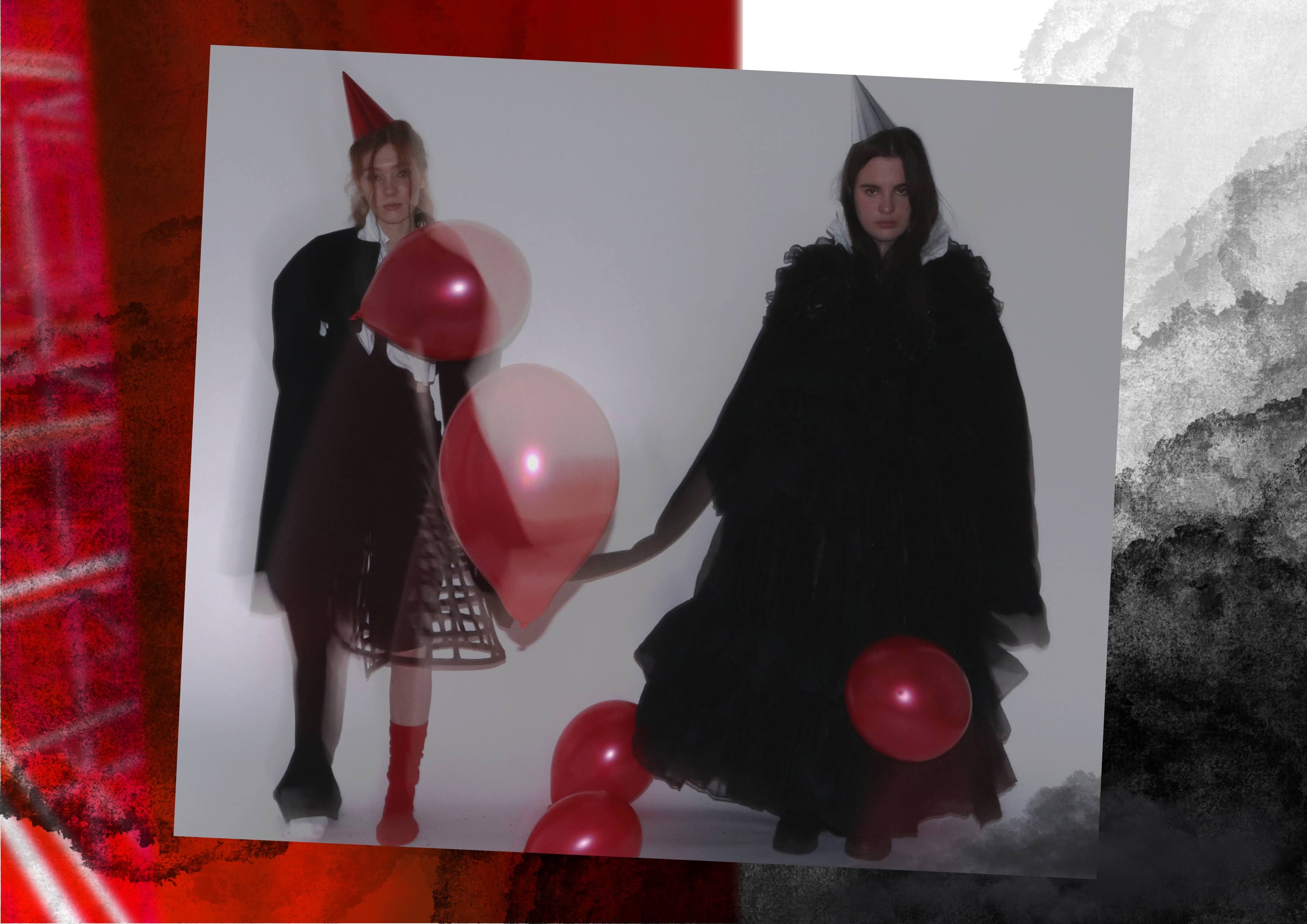 Image taken from Graduate Collection Photography shoot. There's A Party In My Mind. Two black garment silhouettes, amongst a sea of Red Balloons.,