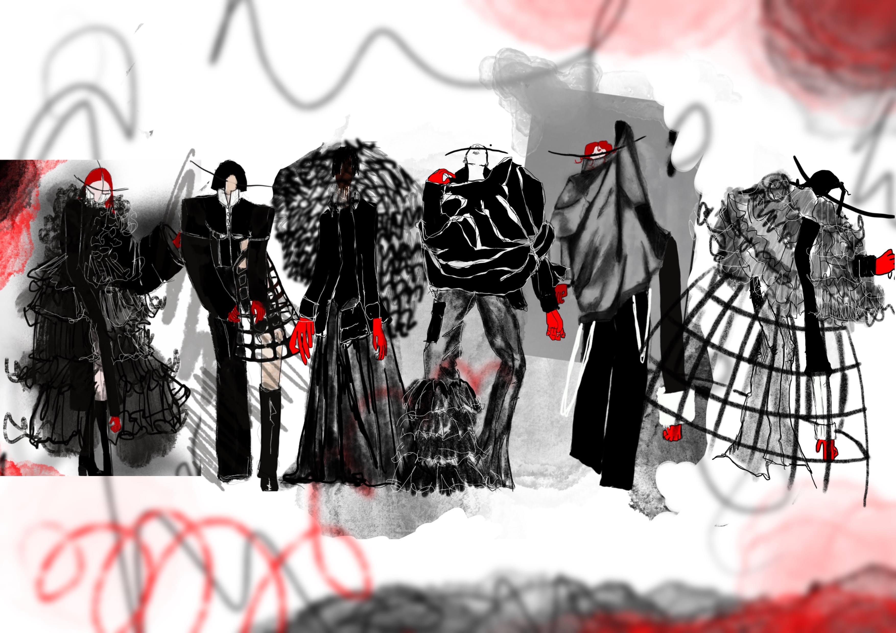 Final line up for my graduate collection, There's A Party In My Mind. A line of mixed media distorted illustrations.