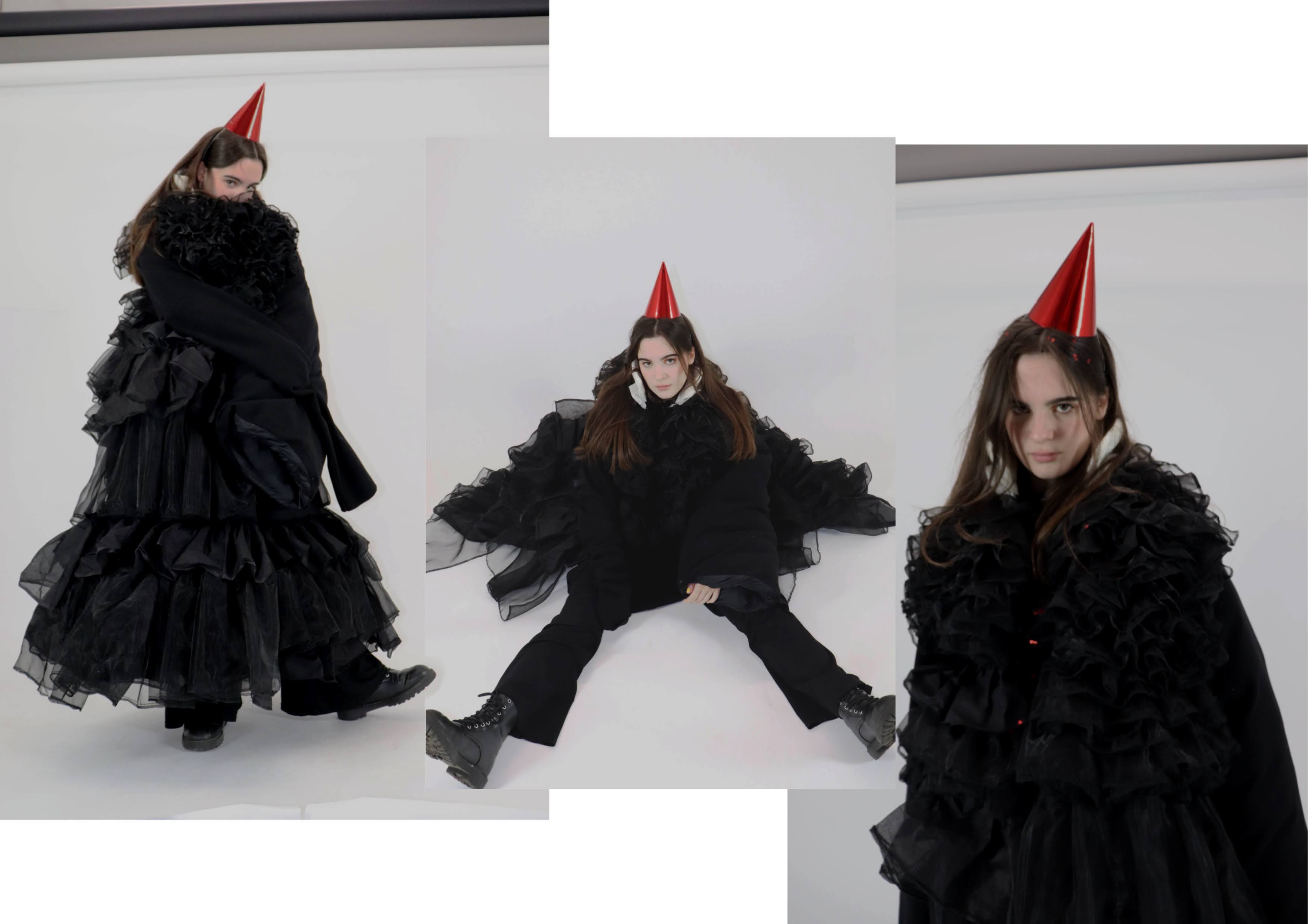 A collage of the first look from my graduate collection. A black longline wool coat, with a ruffled collar and exaggerated sleeves. This is adorned by a longline ruffle sleeveless overcoat.