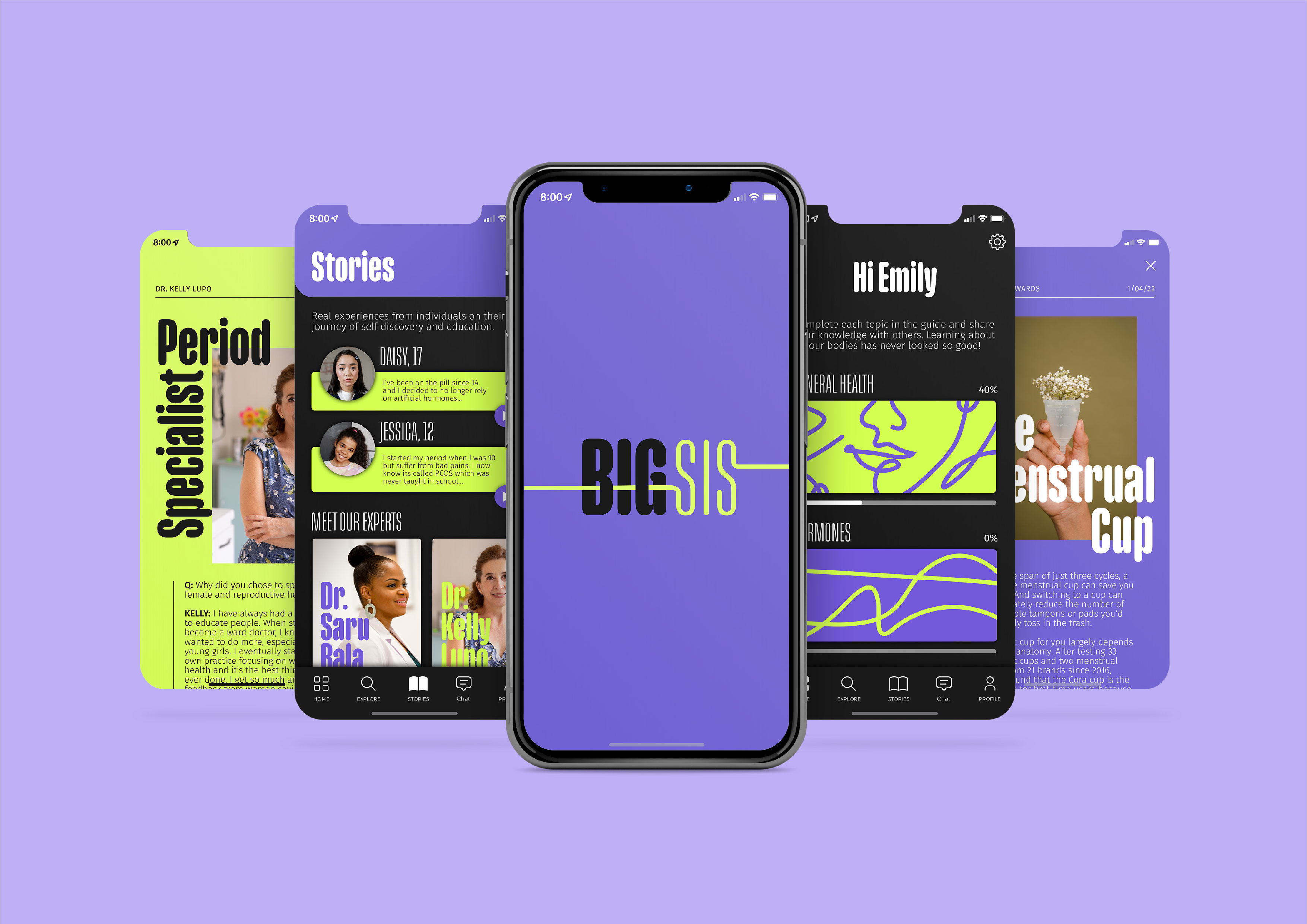 BA Design for Publishing work by Emily Shields showing the interface for a female health app using bright purple and yellow colours.