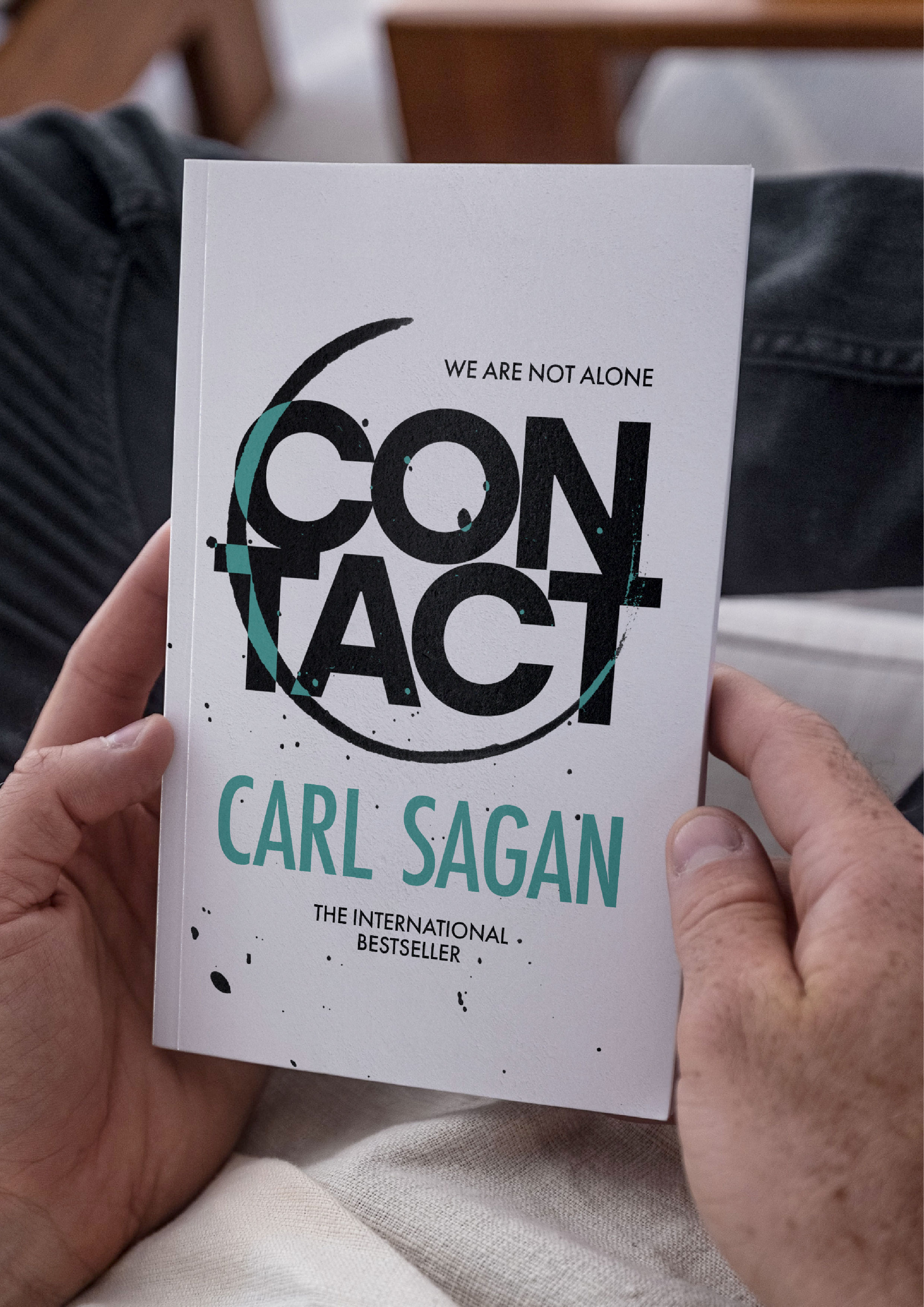 BA Design for Publishing work by Emily Shields showing the new book cover design for Contact by Carl Sagan.