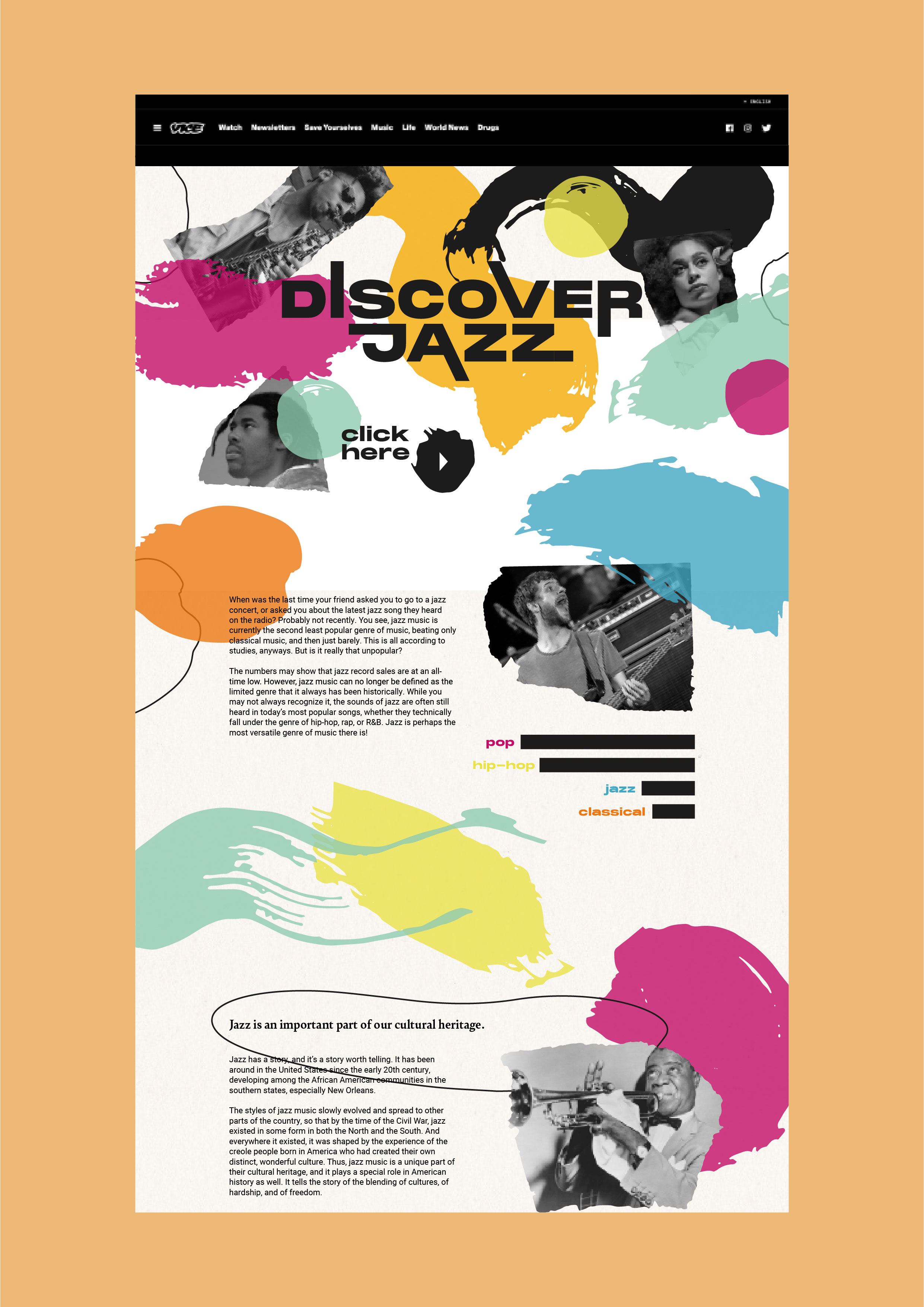 BA Design for Publishing work by Emily Shields showing a colour website article which aims to visualise jazz music.