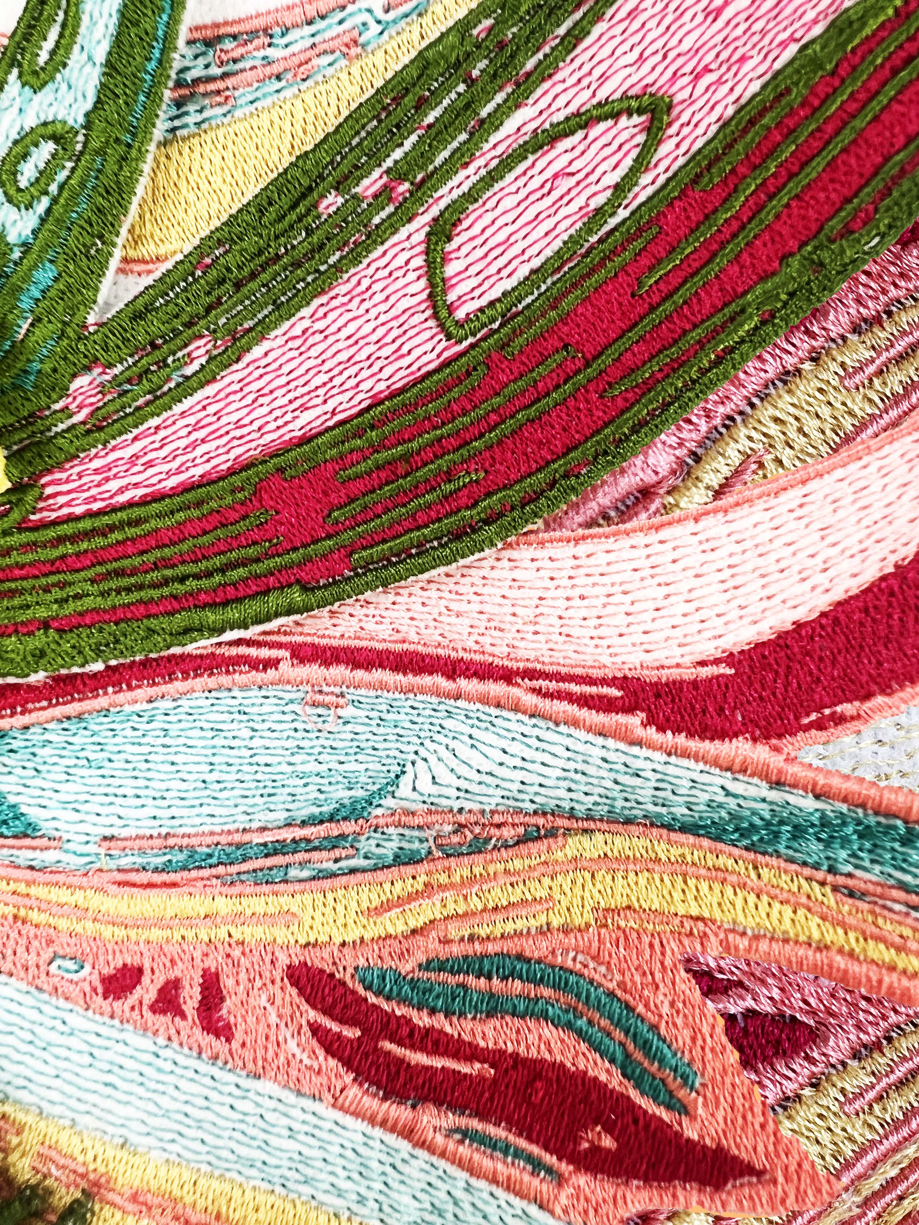 CAD embroidery piece representing the movement, depth, and vibrant colour one might find in nature during the summer season