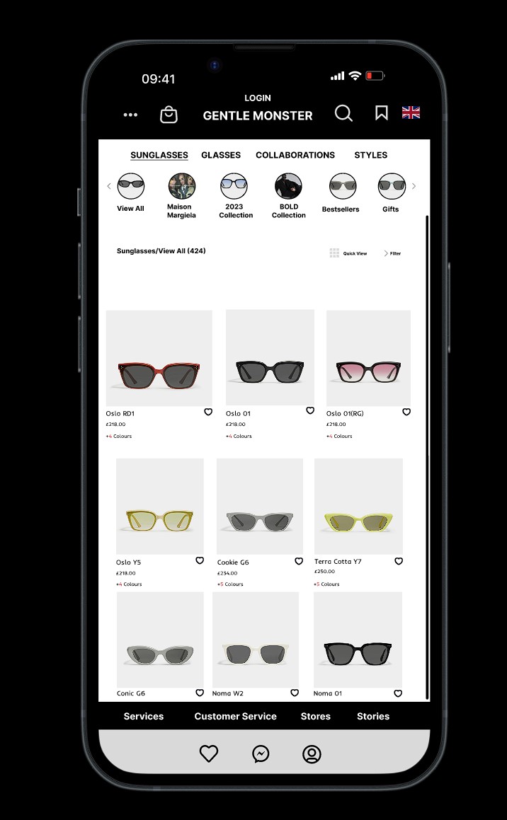 Mocked up grid of sunglasses on an estore shown on a mobile phone