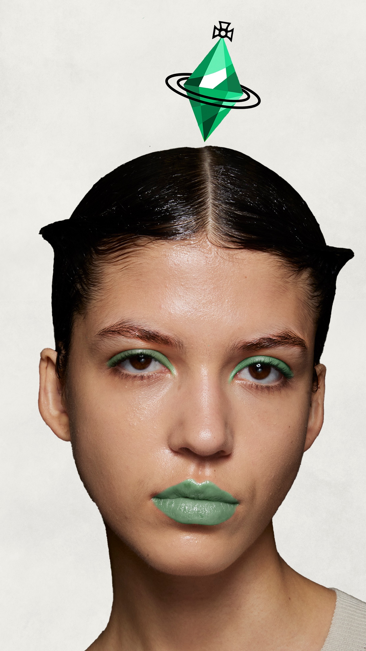 headshot image of a model with slicked back hair, green lipstick, and a floating sims mood indicator above their head