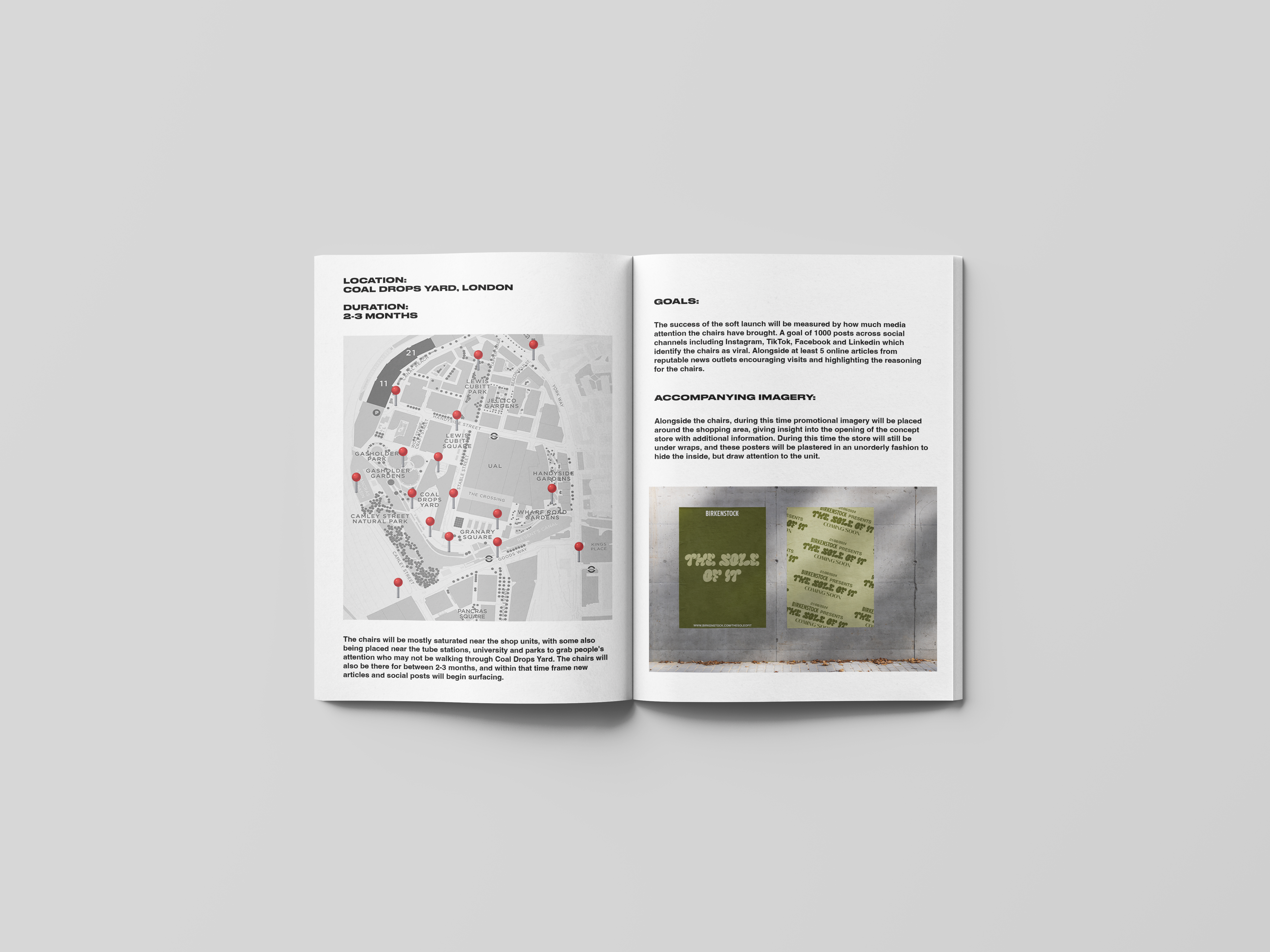 Mocked up magazine spread with wide columns of text and and a map