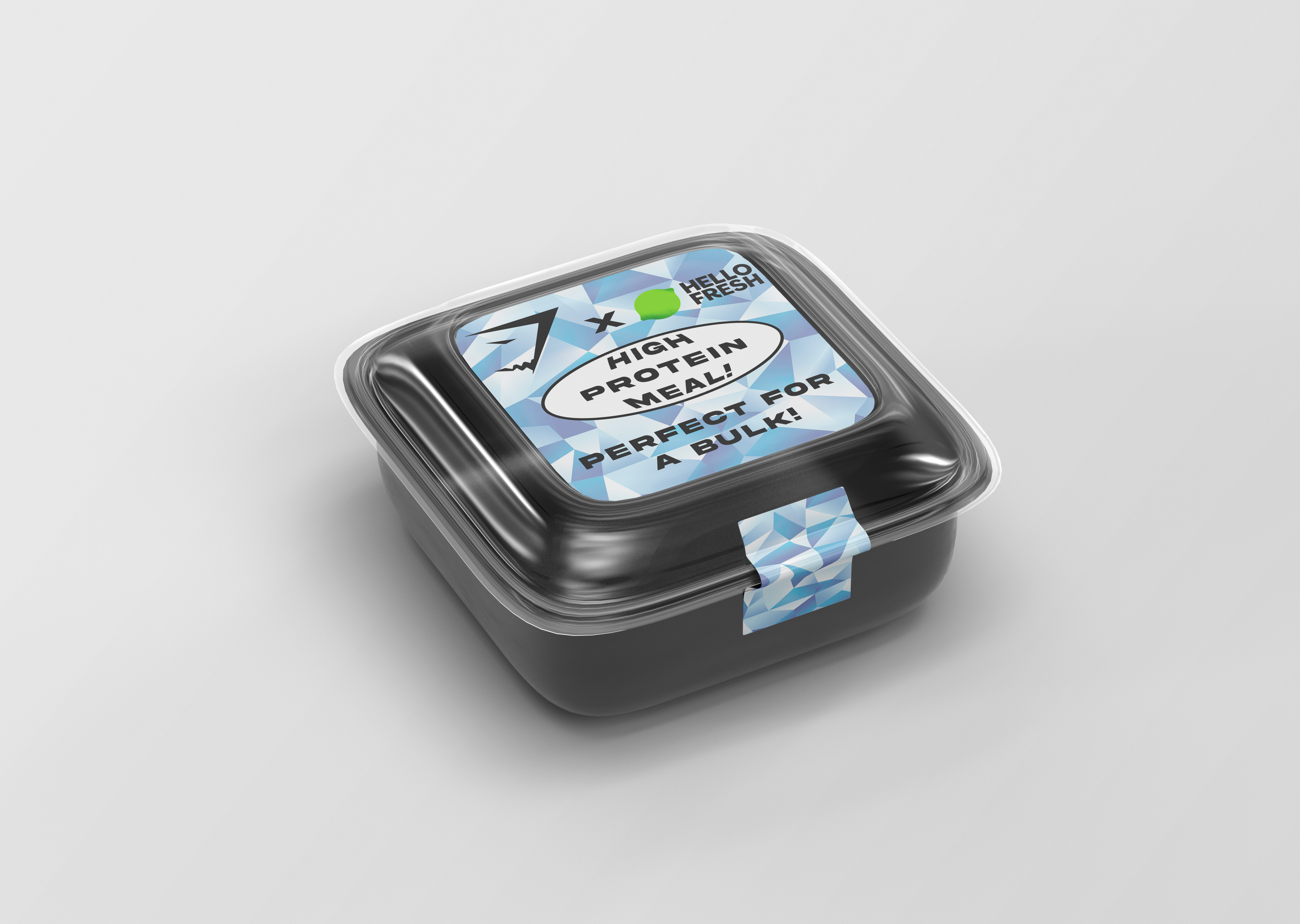 Mocked up packaging design for a collaboration between Gym Shark and Hello Fresh, the plastic tub has a light blue label on the lid and is sealed with a light blue sticker