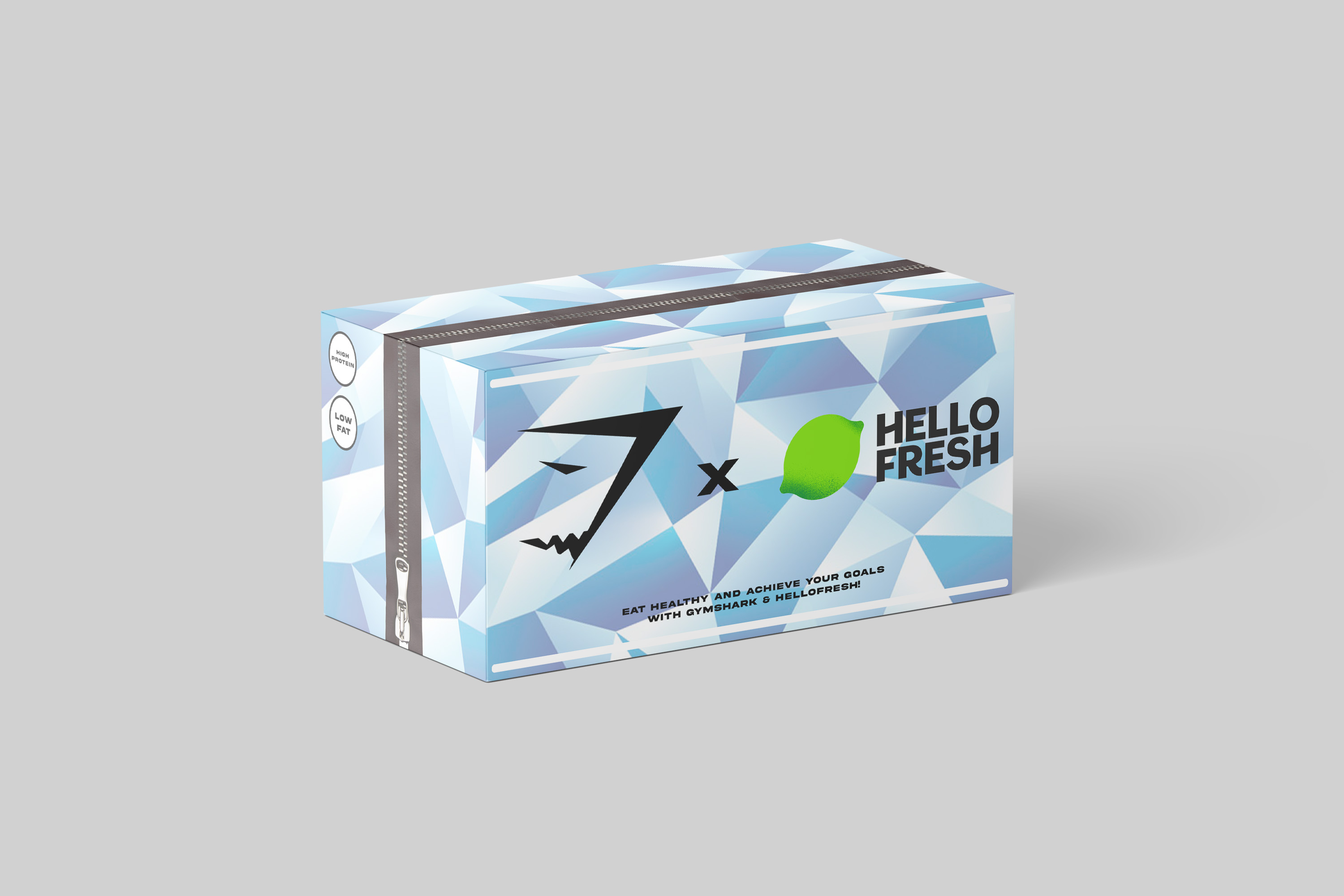 Mocked up packaging design for a collaboration between Gym Shark and Hello Fresh, the rectangular carton has an abstract light blue pattern