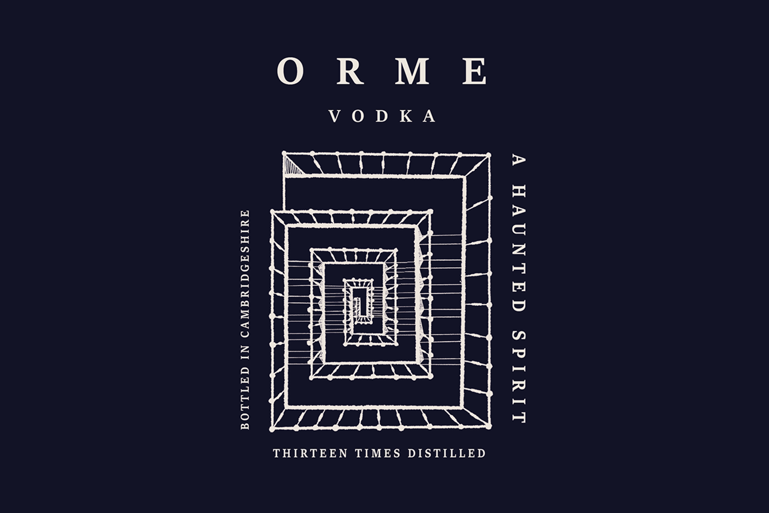 Illustrative bottle label for 'Orme Vodka', showing a top-down view of spiral staircase, with relevant type surrounding it.