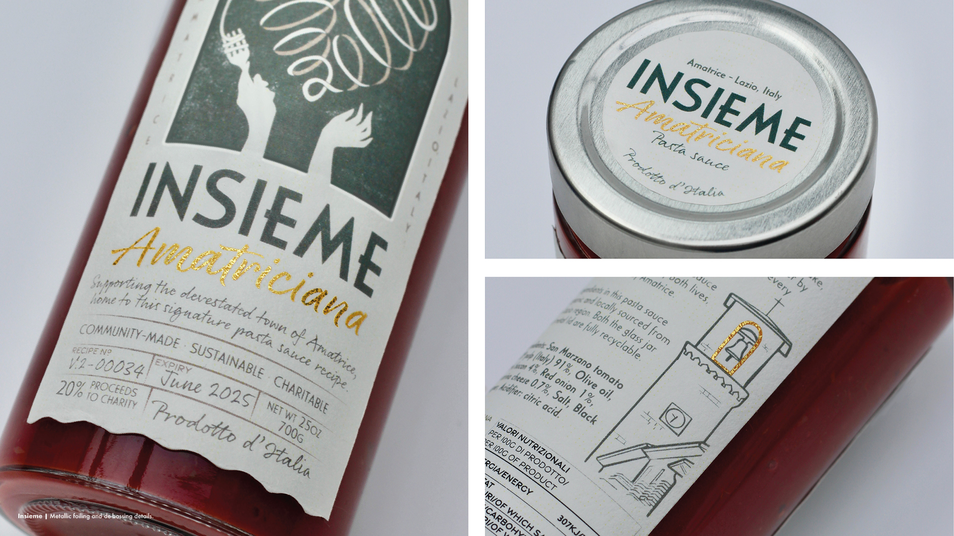 Close up photographs of Insieme package design by Abigail Ballard-Lawrence showing debossing and foiling details