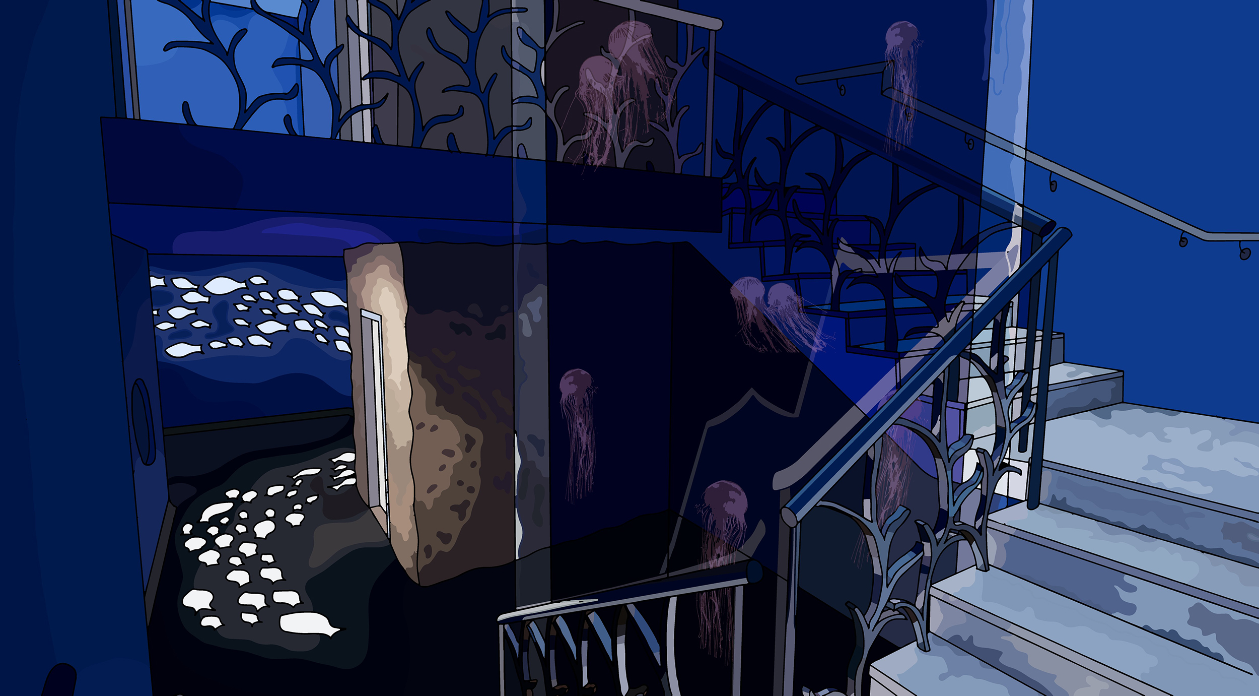 Render in illustrative style showing a centre tank spanning two floors with jellyfish surrounded by staircase.